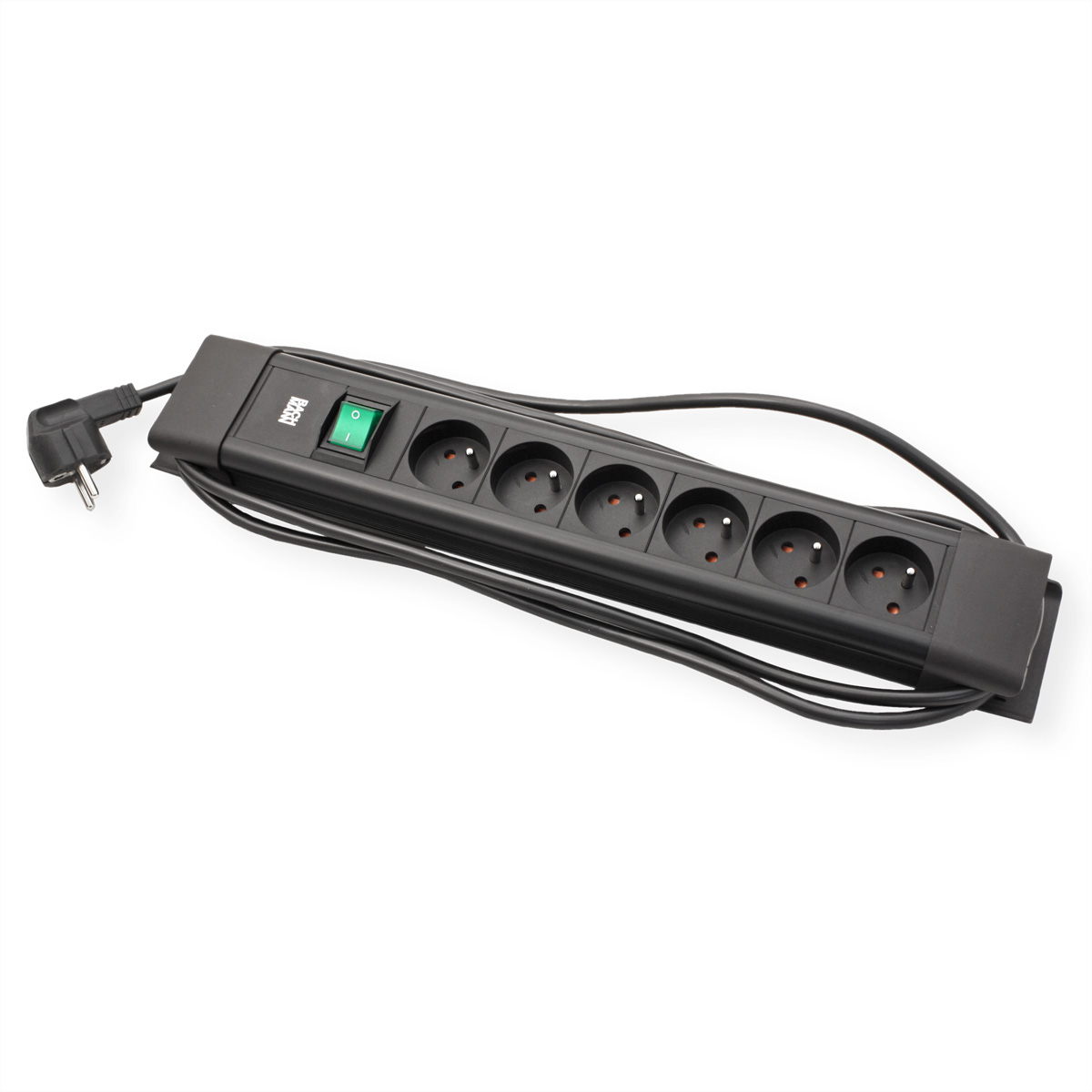 A black power strip with six outlets, a green power switch, and a black power cord with a European plug, isolated on white.