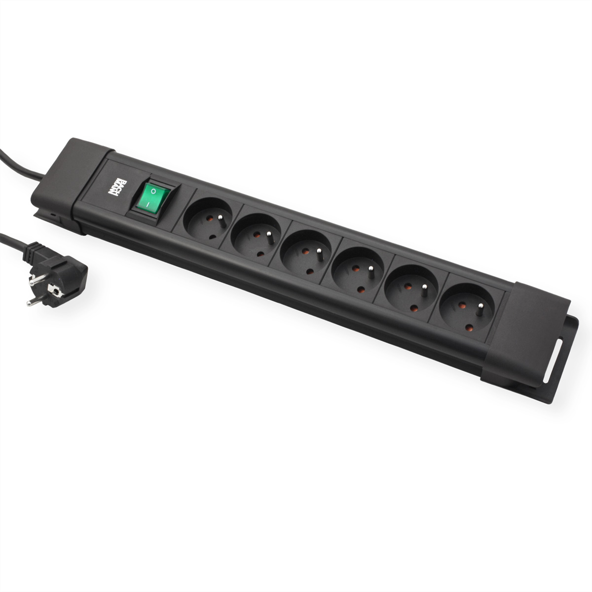 Black power strip with six sockets and a green power switch, plus a plug with a cable, on a white background.