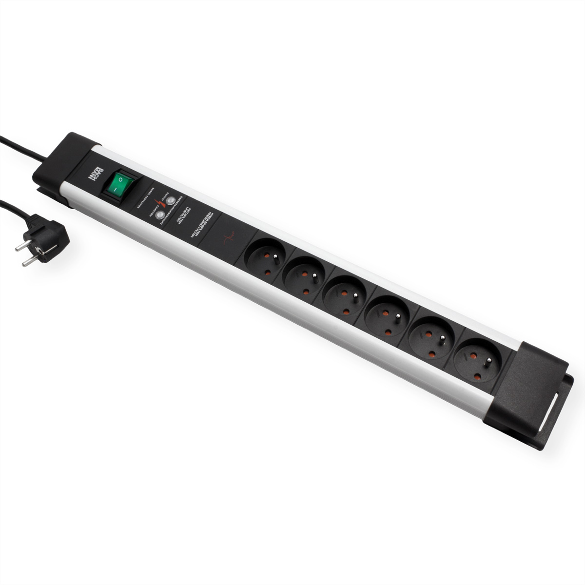 Ein silbernes Verlängerungskabel mit schwarzen Steckdosen, einem grünen Schalter und einem schwarzen Stecker. Es hat mehrere Steckdosen und Kontrollleuchten.