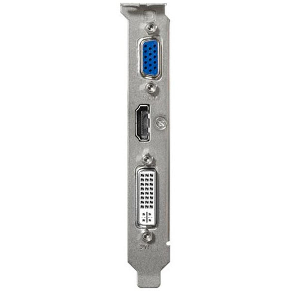 Una scheda grafica per computer con più porte: VGA, HDMI e DVI. Ha una struttura in metallo argentato con fori per viti.