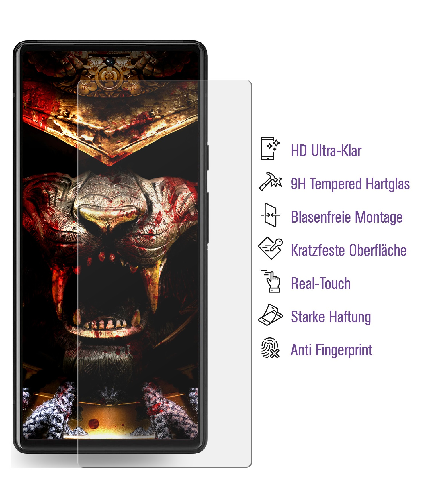 Eine Displayschutzfolie zeigt ein blutiges Monstergesicht. Text bewirbt Funktionen wie HD-Klarheit und Anti-Fingerprint.