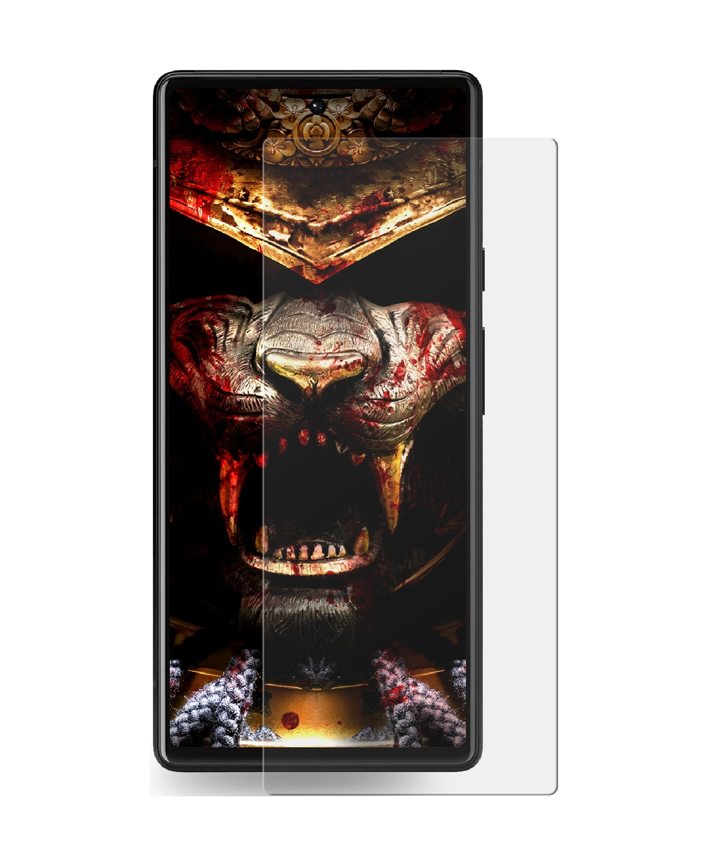 Ein Telefonbildschirm zeigt ein Nahaufnahme des Gesichts eines Monsters mit offenem Mund und blutigen Details. Eine Displayschutzfolie ist angebracht.