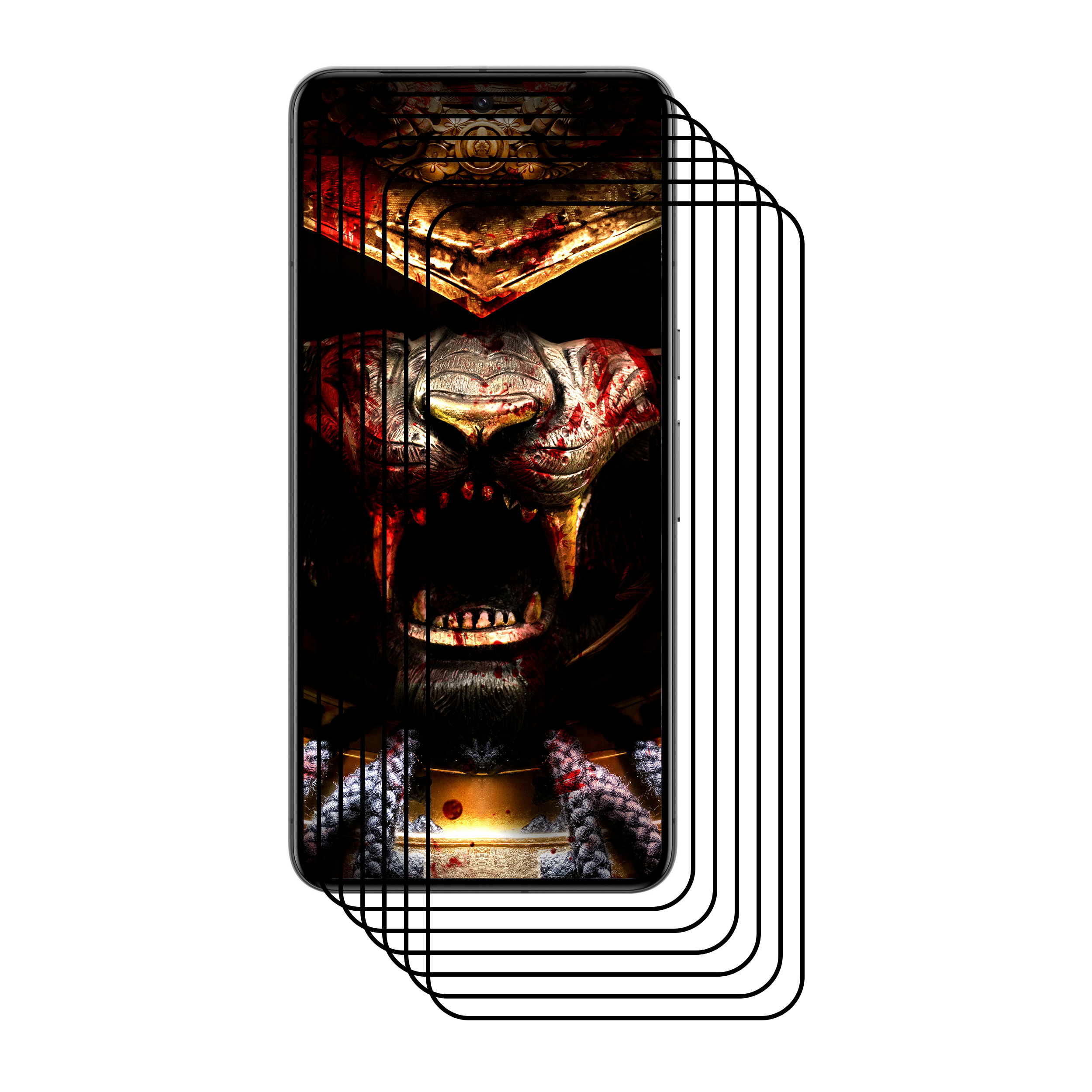 Ein Smartphone zeigt eine Grafik eines Tigergesichts mit offenem Mund, Blut und verzierten Goldakzenten.