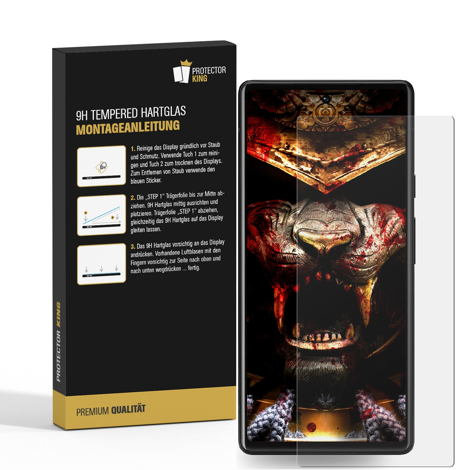 Ein Telefon mit Displayschutzfolie neben einer Box mit Anweisungen für den Schutz. Der Bildschirm zeigt ein Monsterbild.