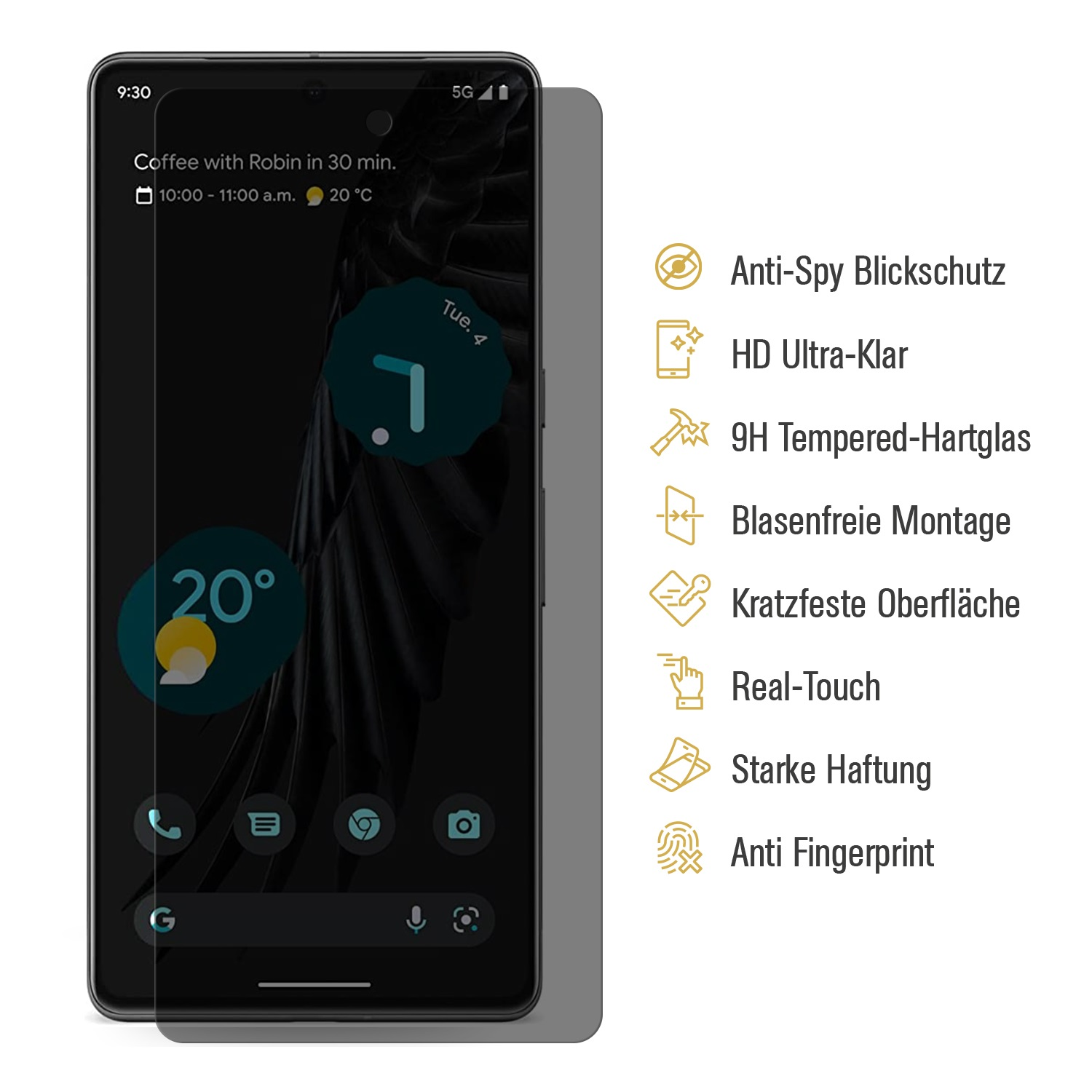 Ein Smartphone-Bildschirm zeigt einen Kalendereintrag und Wetterinformationen. Text rechts zeigt Displayschutzfolien-Funktionen.
