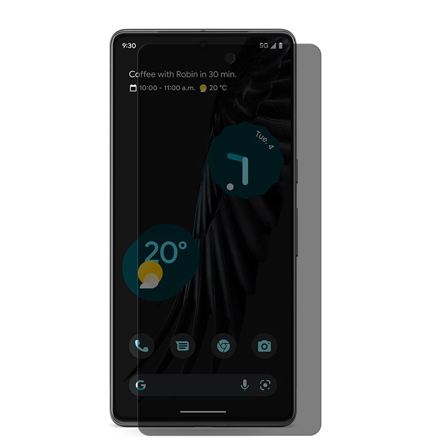 Ein Smartphone zeigt einen dunklen Bildschirm mit Uhrzeit, Wetterinformationen und App-Symbolen. Der Bildschirm zeigt eine Besprechungserinnerung.