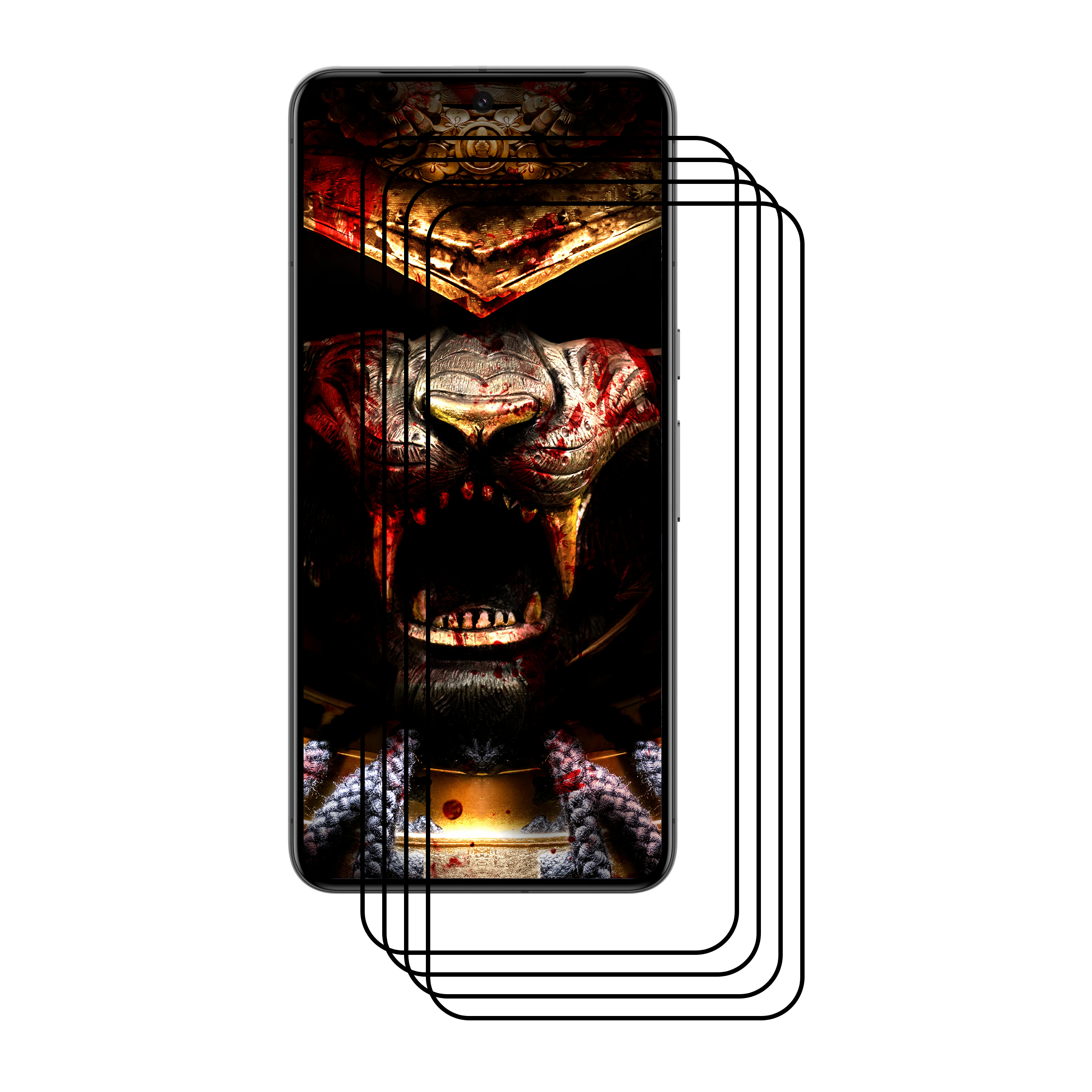 Smartphone zeigt eine aggressive Tigergesicht-Illustration mit dramatischem, blutigem Design. Schwarze Linien auf weißem Grund.