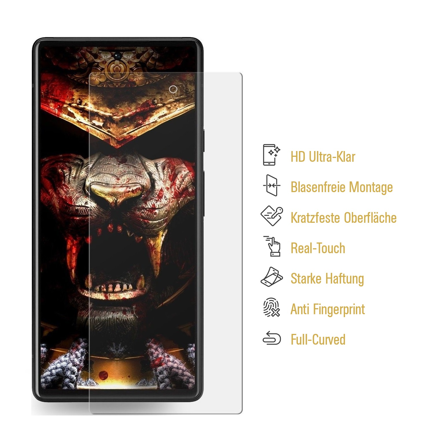 Ein Smartphone mit Displayschutz. Der Bildschirm zeigt ein Löwenbild. Text rechts listet Schutzfunktionen auf.