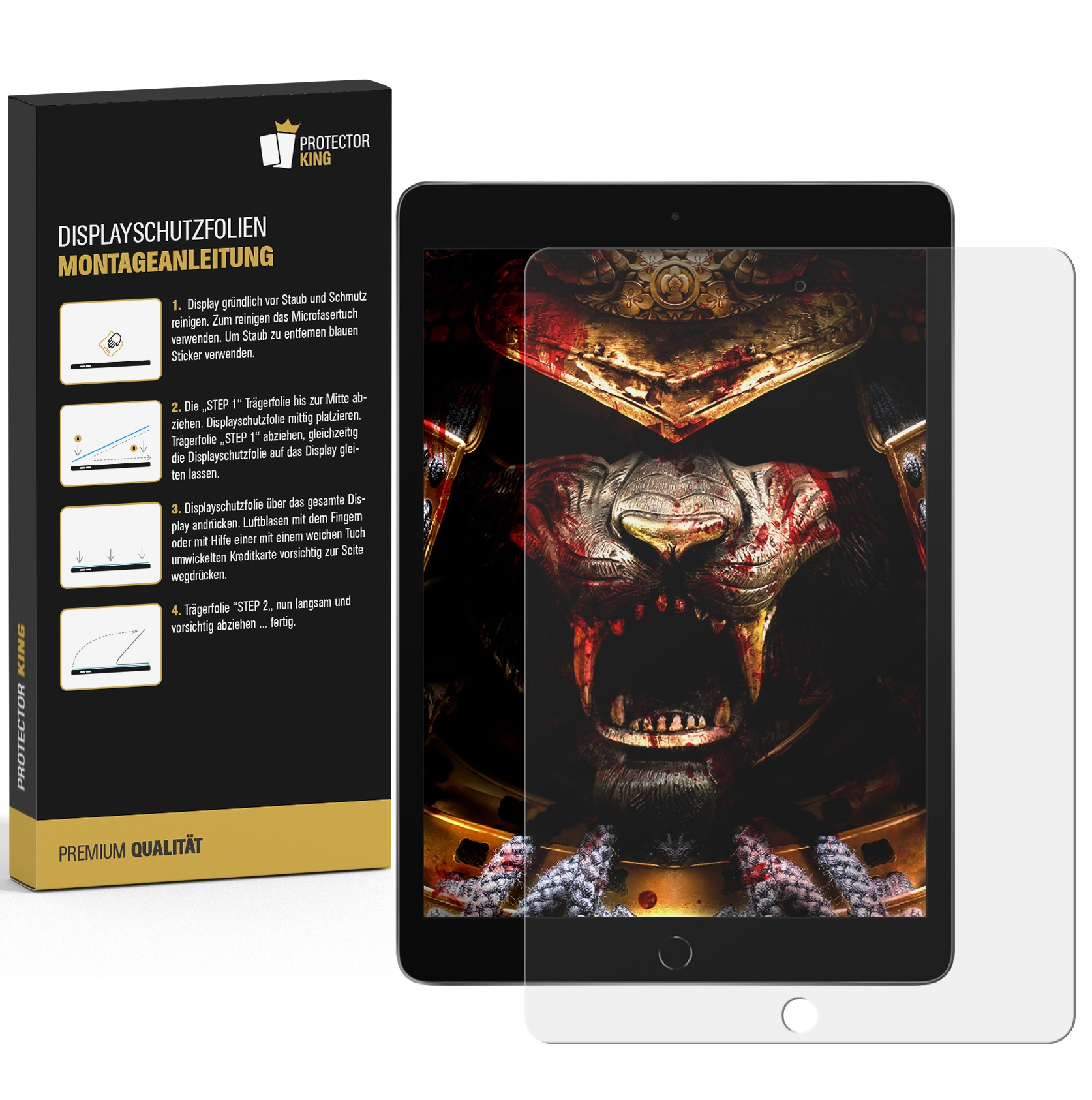 Ein Tablet mit Displayschutz. Ein Kriegergesicht ist unter dem Schutz sichtbar. Anweisungen links.