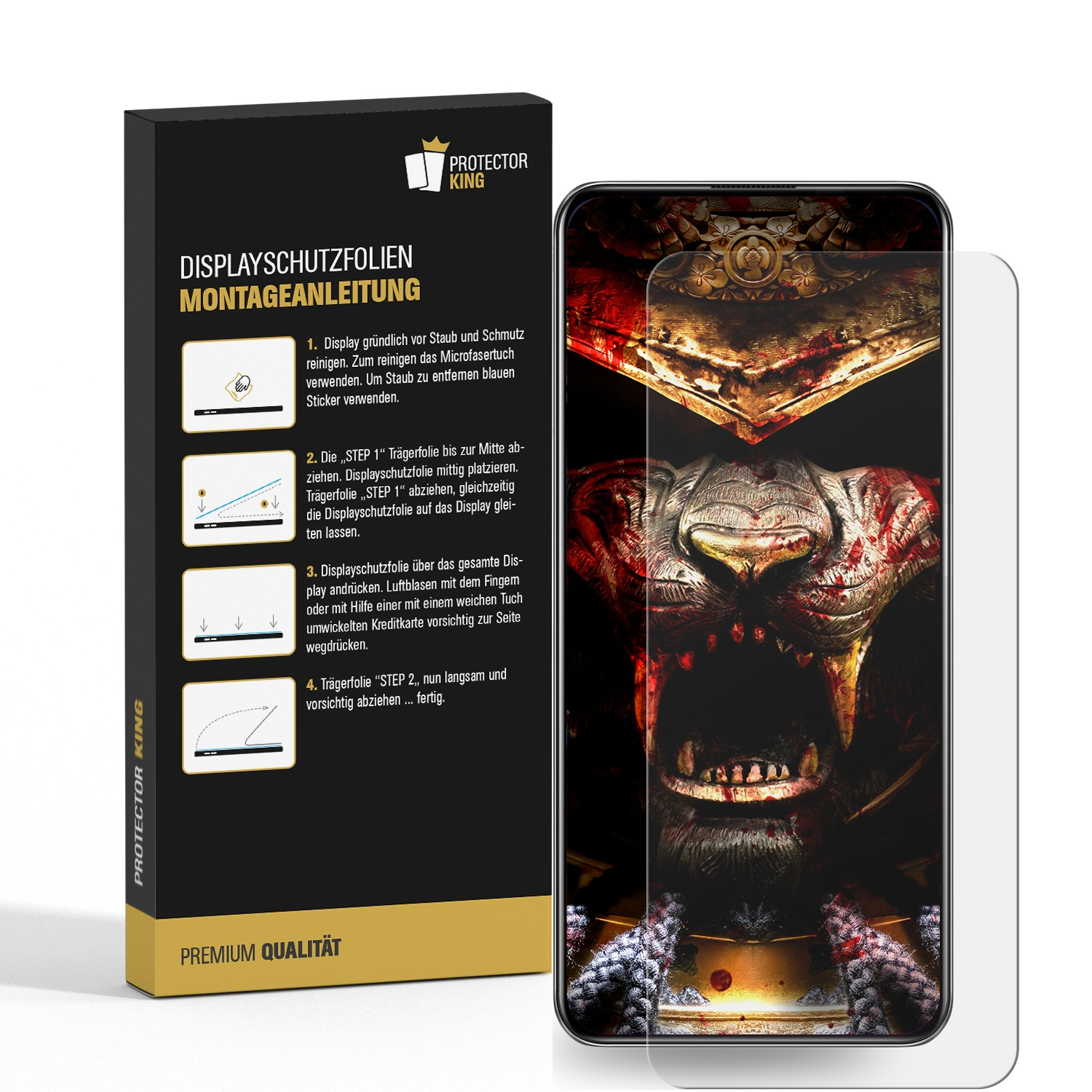 Ein Telefon mit Displayschutzfolie rechts und eine Produktbox mit Anweisungen links.
