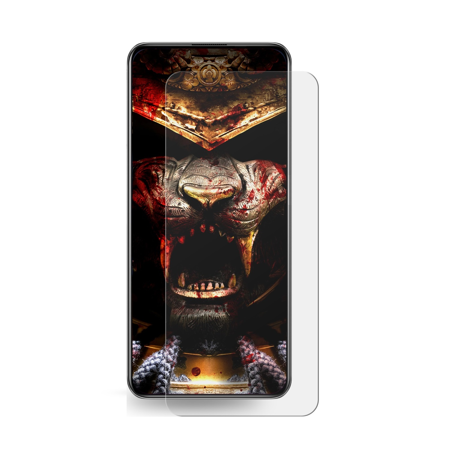 Ein Smartphone mit Displayschutzfolie zeigt ein gruseliges Bild. Das Bild zeigt ein Monster mit offenem Mund und rotem Hintergrund.