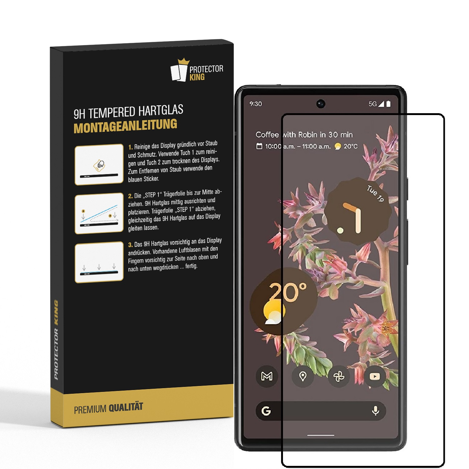 Ein Telefon mit Displayschutz und einer Box. Der Bildschirm zeigt Zeit, Wetter und App-Symbole.