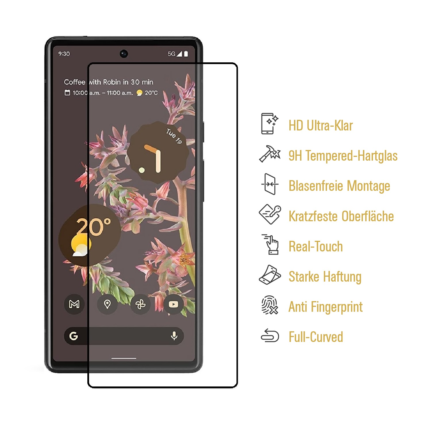 Ein Smartphone mit Displayschutz, das Zeit, Wetter und Benachrichtigungen anzeigt. Merkmale des Protektors sind rechts aufgeführt.