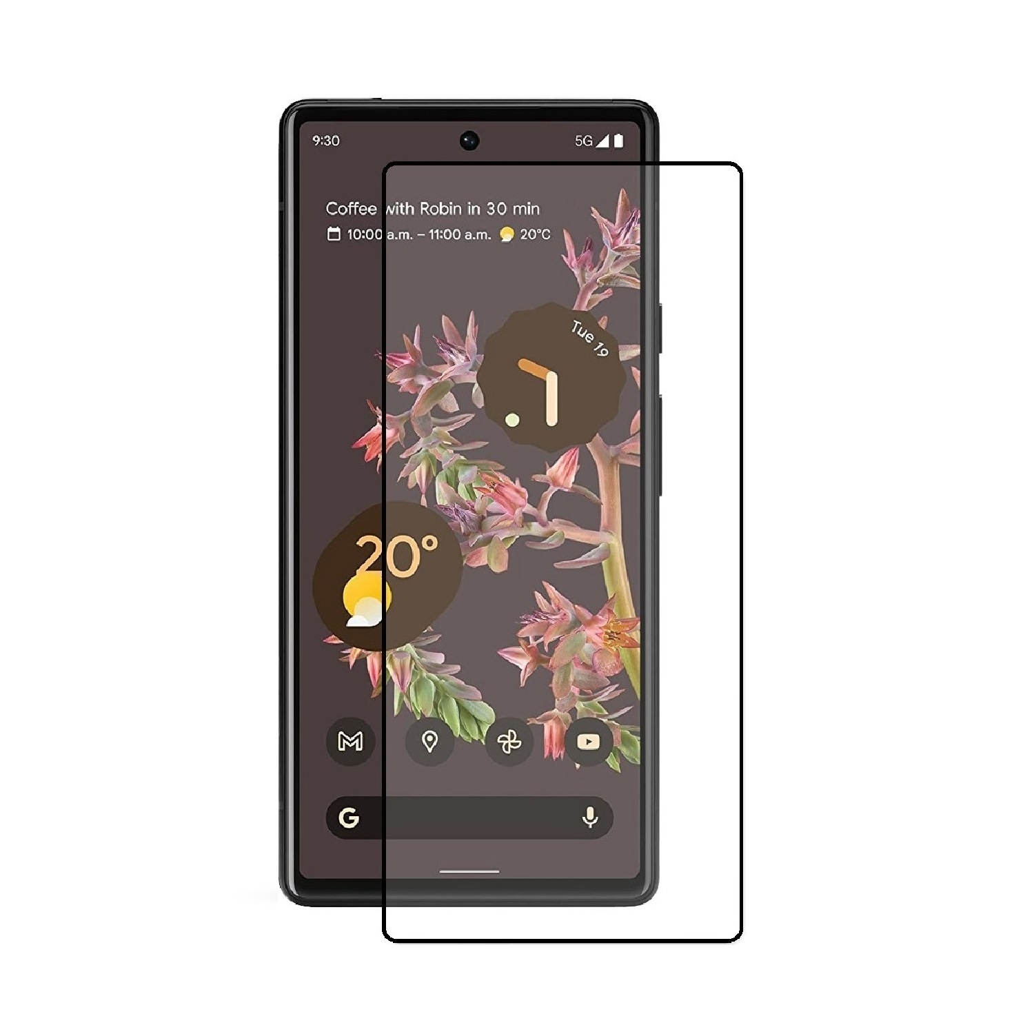 Ein Smartphone mit Displayschutzfolie zeigt Kalender, Wetter und App-Symbole. Der Bildschirm zeigt ein Meeting und die Uhrzeit.