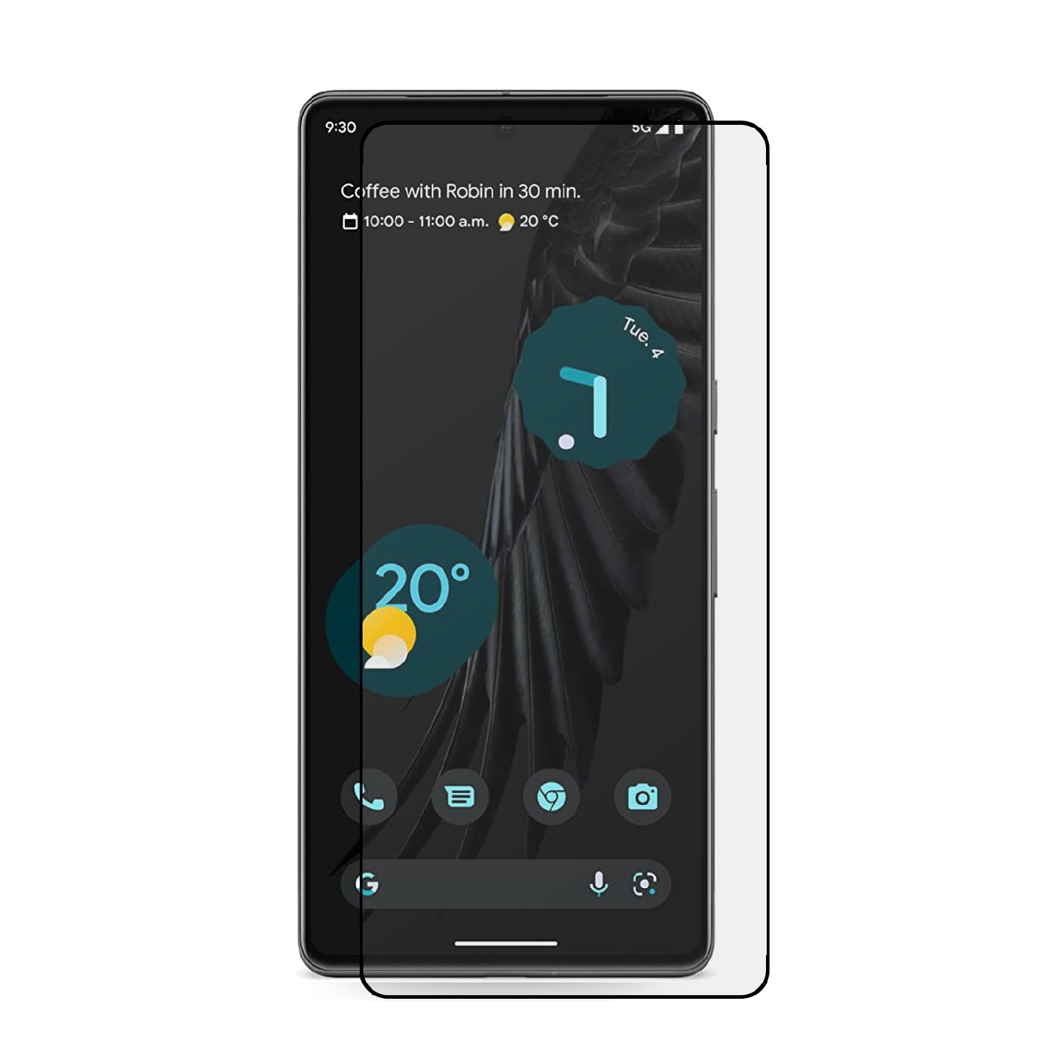 Ein Smartphone-Bildschirm zeigt eine Wettervorhersage von 20 Grad, einen Kalender und App-Symbole. Auf dem Telefon befindet sich ein Displayschutz.