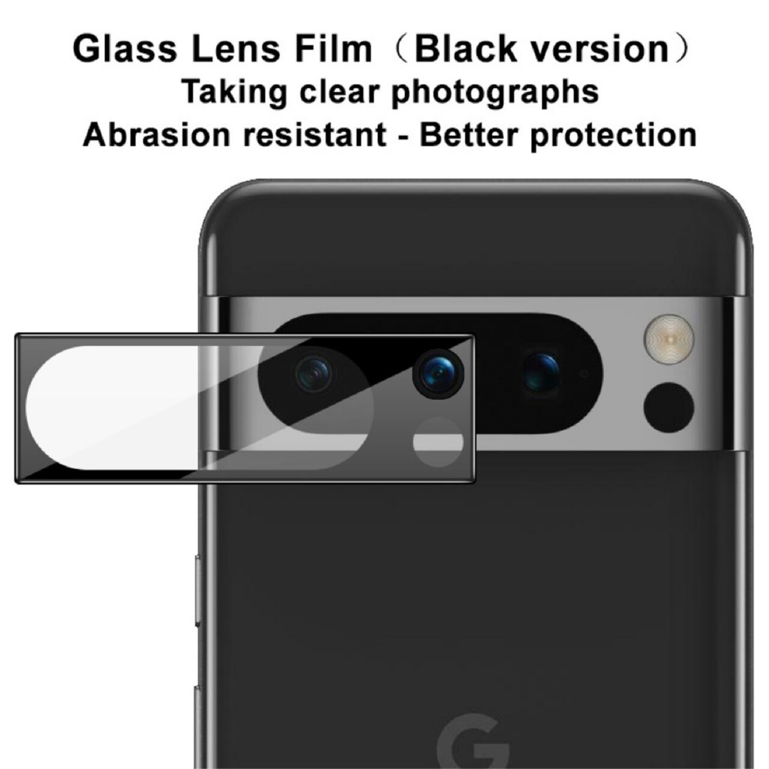 Schwarzes Telefon mit aufgetragener Glaslinsenfolie. Die Folie bedeckt die Kameralinsen. Text oben erwähnt besseren Schutz.