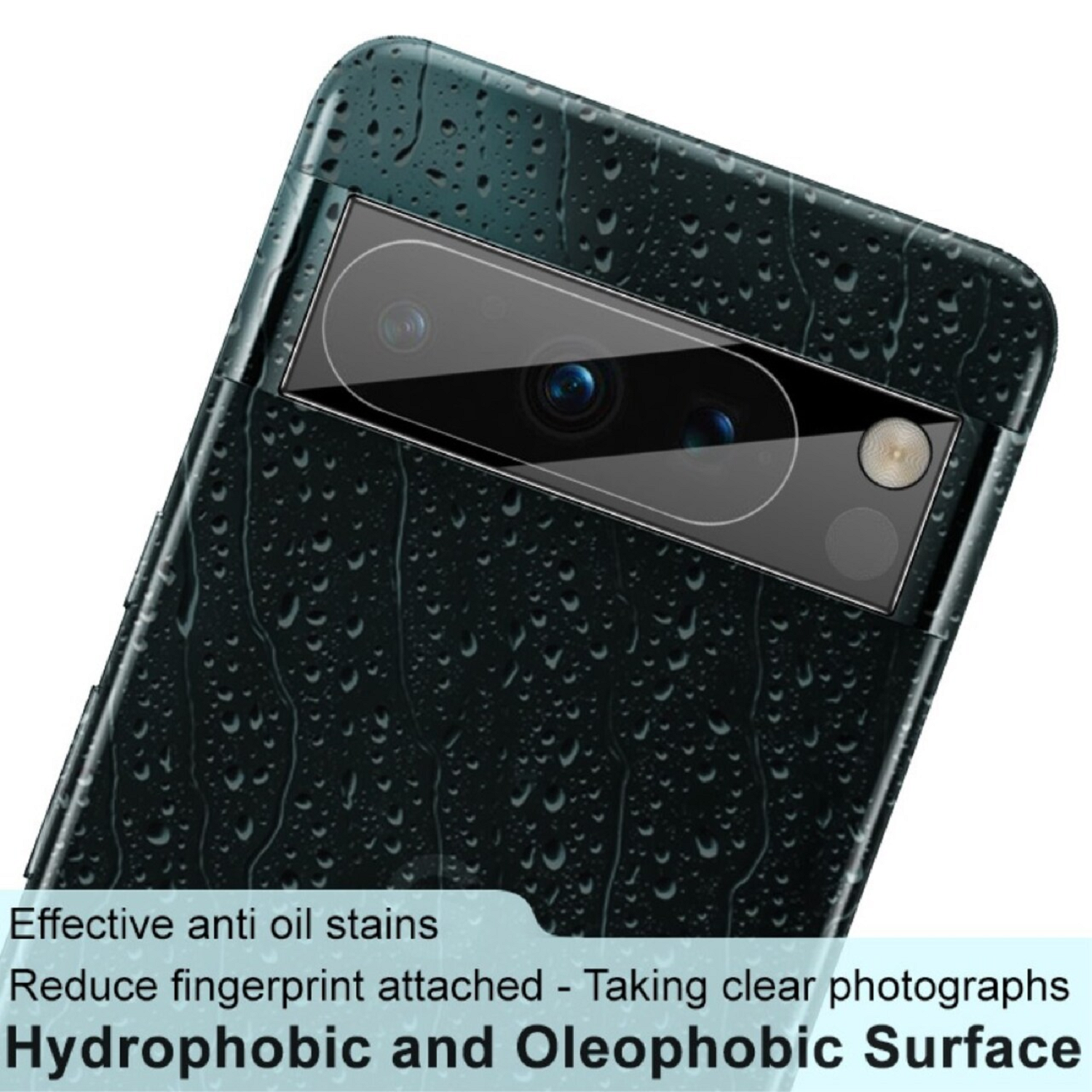 Eine Handyhülle mit Kameraobjektiv. Sie hat eine dunkelgrüne Farbe und ein Wassertropfenmuster. Text unten besagt 'Hydrophobe Oberfläche'.