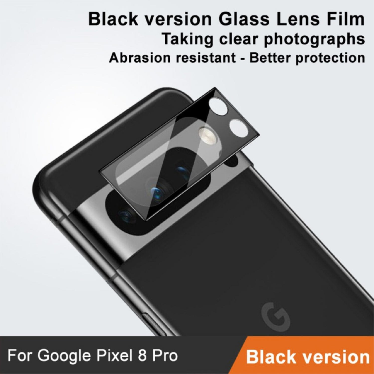 Ein schwarzes Google Pixel 8 Pro Telefon mit Linsenschutz. Text: Schwarze Version, Glaslinsenfolie und Für Google Pixel 8 Pro.
