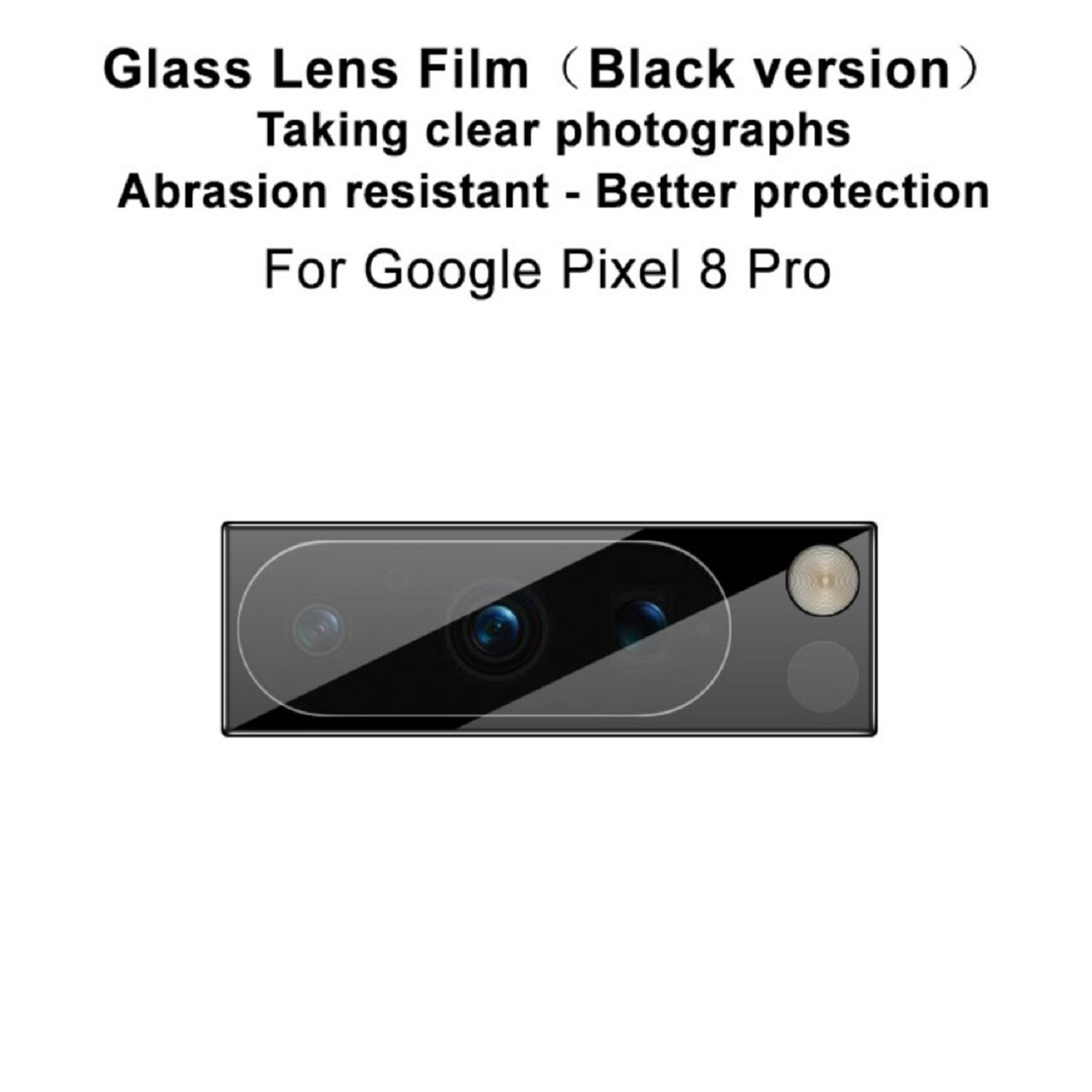 Eine schwarze Glaslinsenfolie für Google Pixel 8 Pro. Text enthält 'Klare Fotos' und 'Abriebfest'.
