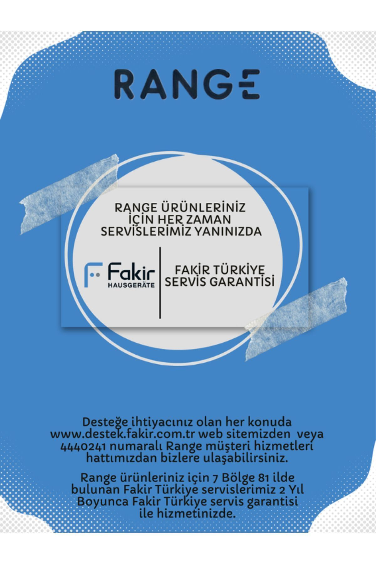 Beyaz metin ve Fakir logosu ile mavi arka plan. Metin 'Range ürünleri' ve 'Fakir Türkiye servis garantisi' diyor.