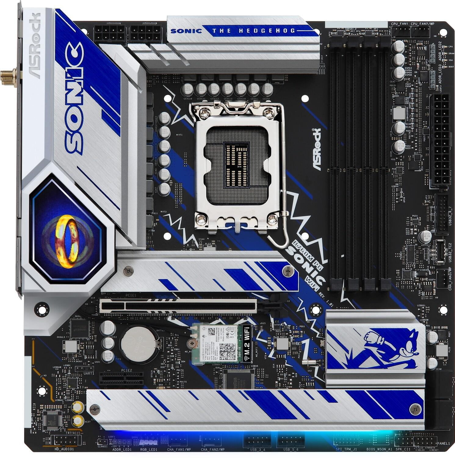 Una scheda madre con dettagli blu e argento, il logo di Sonic e vari componenti elettronici.