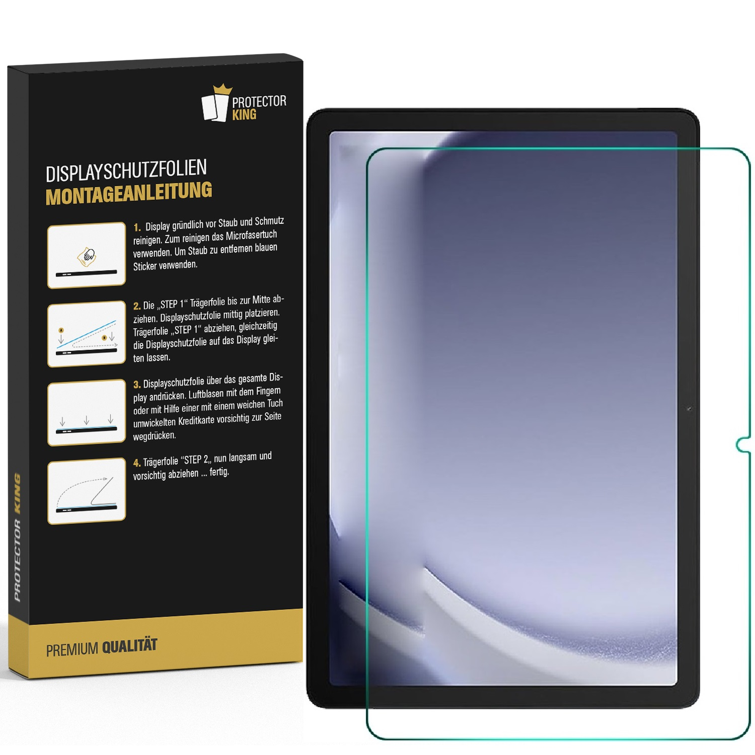 Ein Tablet-Bildschirm mit einer Schutzfolien-Anleitung auf einer schwarzen Box. Die Anleitung zeigt die Schritte zum Auftragen.