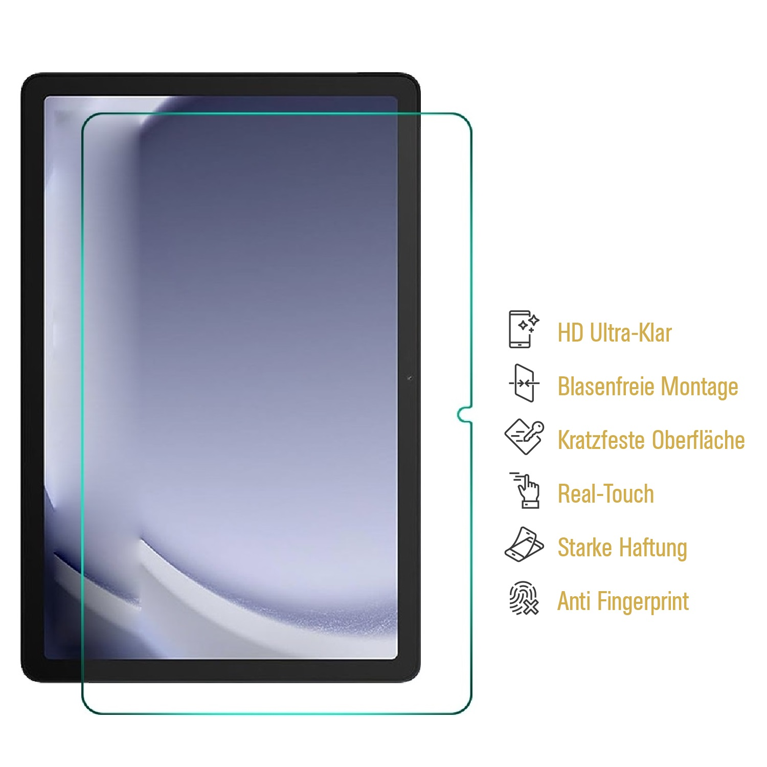 Tablet mit Displayschutz. Eigenschaften: HD Ultra-Klar, blasenfreie Montage, kratzfeste Oberfläche, Real-Touch, starke Haftung, Anti-Fingerprint.