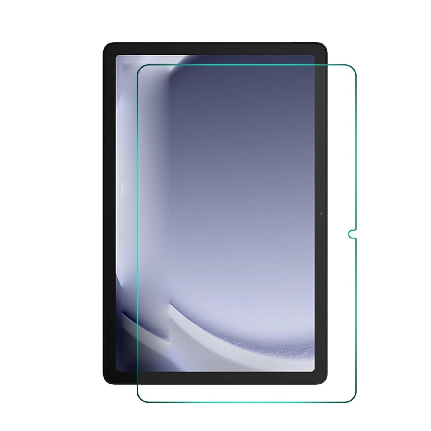 Ein Tablet mit Displayschutzfolie. Das Tablet ist schwarz, der Displayschutz transparent mit türkisem Umriss.
