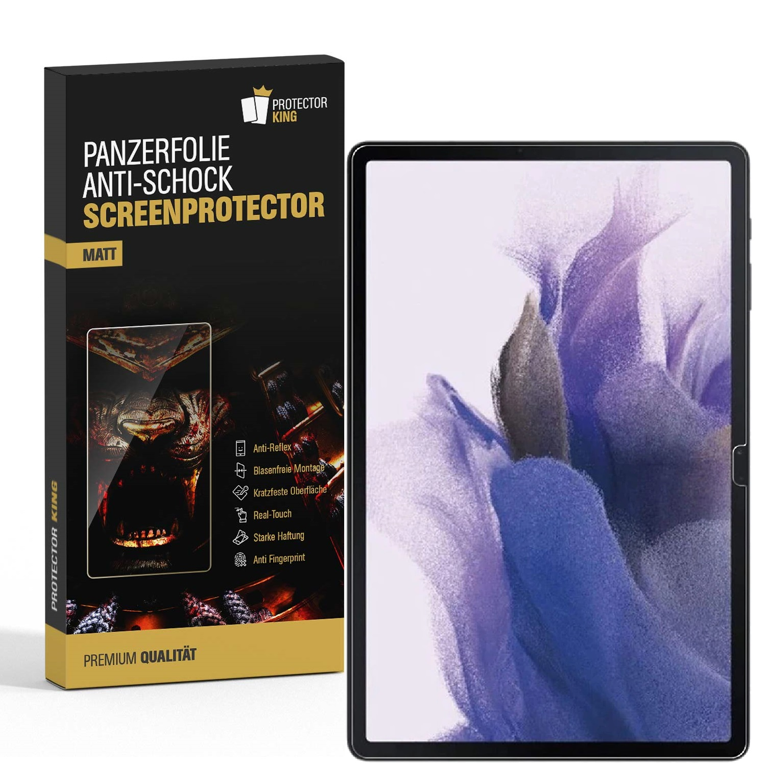 Ein Tablet mit einer Displayschutzfolienbox. Die Box zeigt Funktionen wie Anti-Schock und Anti-Fingerprint. Das Tablet hat ein weißes und blaues abstraktes Muster.