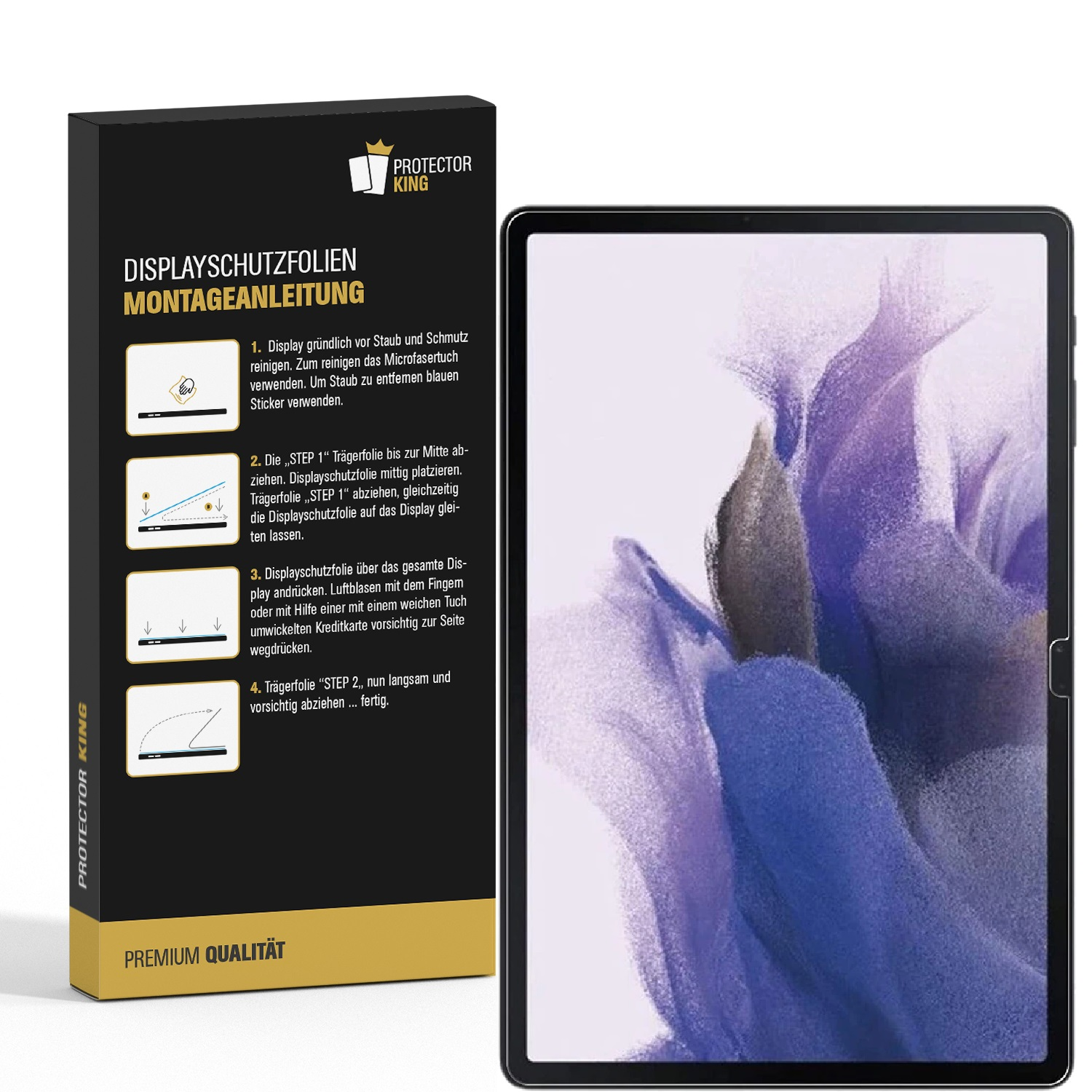 Eine schwarze Box mit Anweisungen, ein Tablet und eine Displayschutzfolie. Das Tablet zeigt ein lila-weißes abstraktes Design.