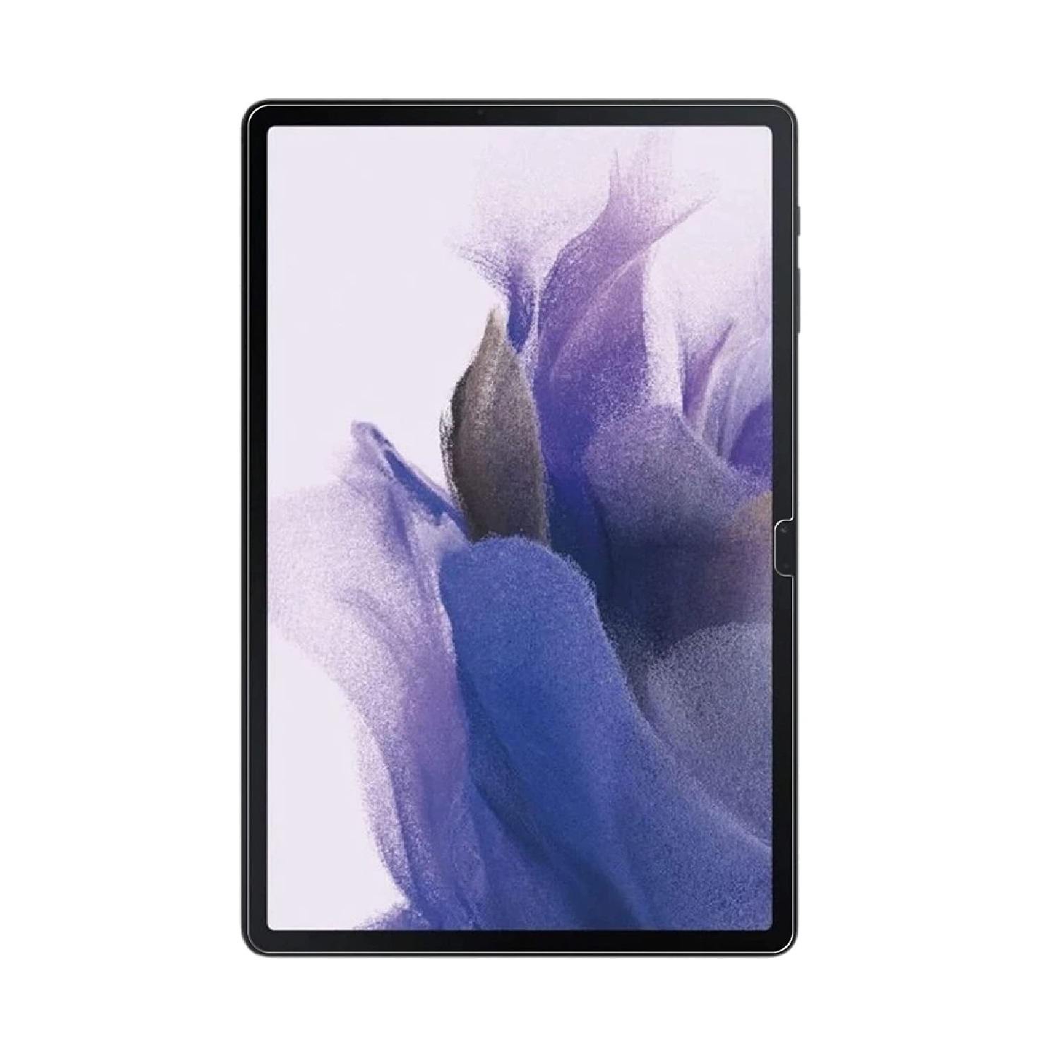 Ein Tablet mit schwarzem Rahmen und einem Bildschirm, der ein abstraktes Design in Lila und Weiß zeigt.