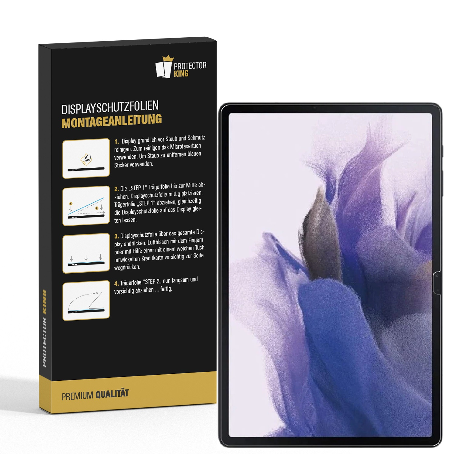 Ein Tablet mit einer Displayschutzfolienbox. Die Box enthält Anweisungen. Der Tablet-Bildschirm zeigt ein lila und weißes abstraktes Design.