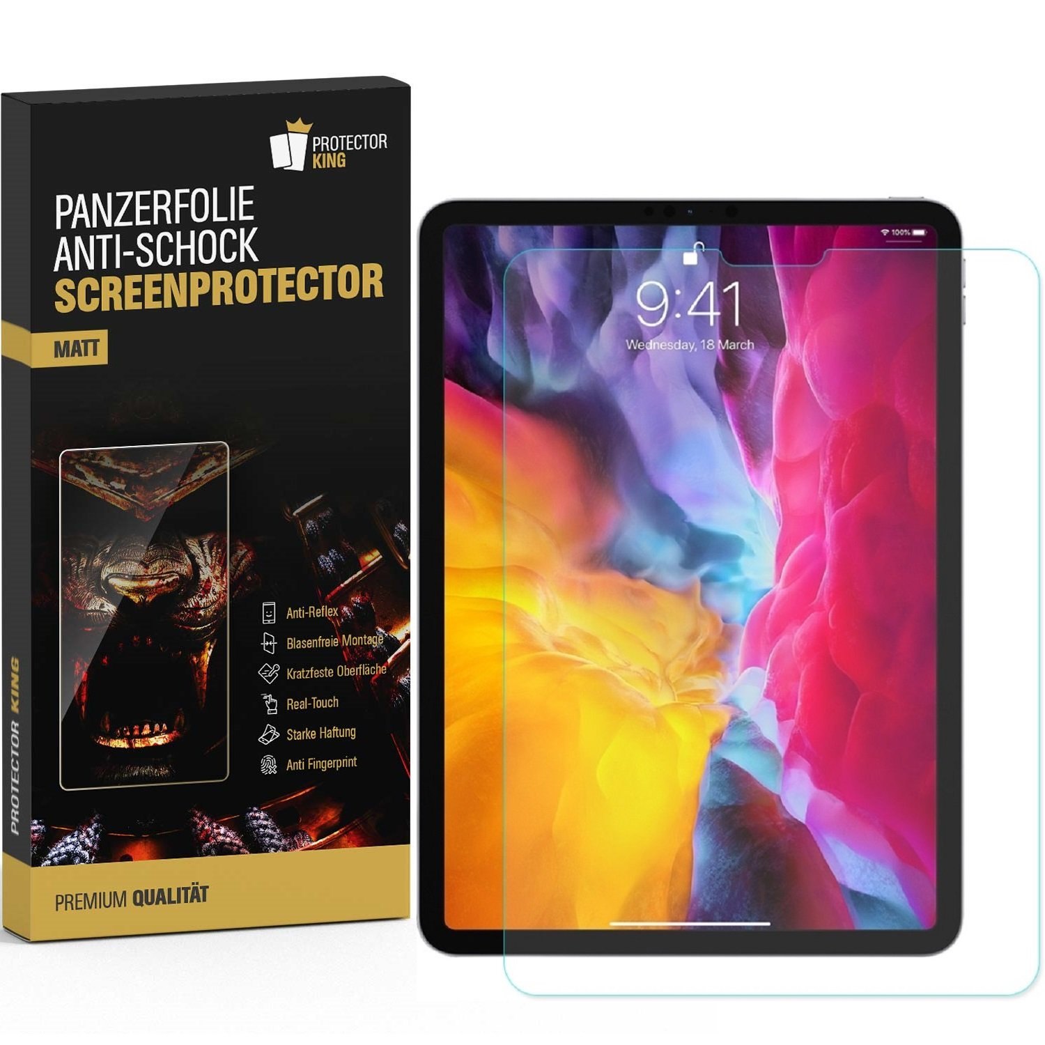 Ein iPad neben einer Schachtel. Auf der Schachtel steht Panzerfolie Anti-Schock Screenprotector. Ein Displayschutz ist auf dem iPad angebracht.