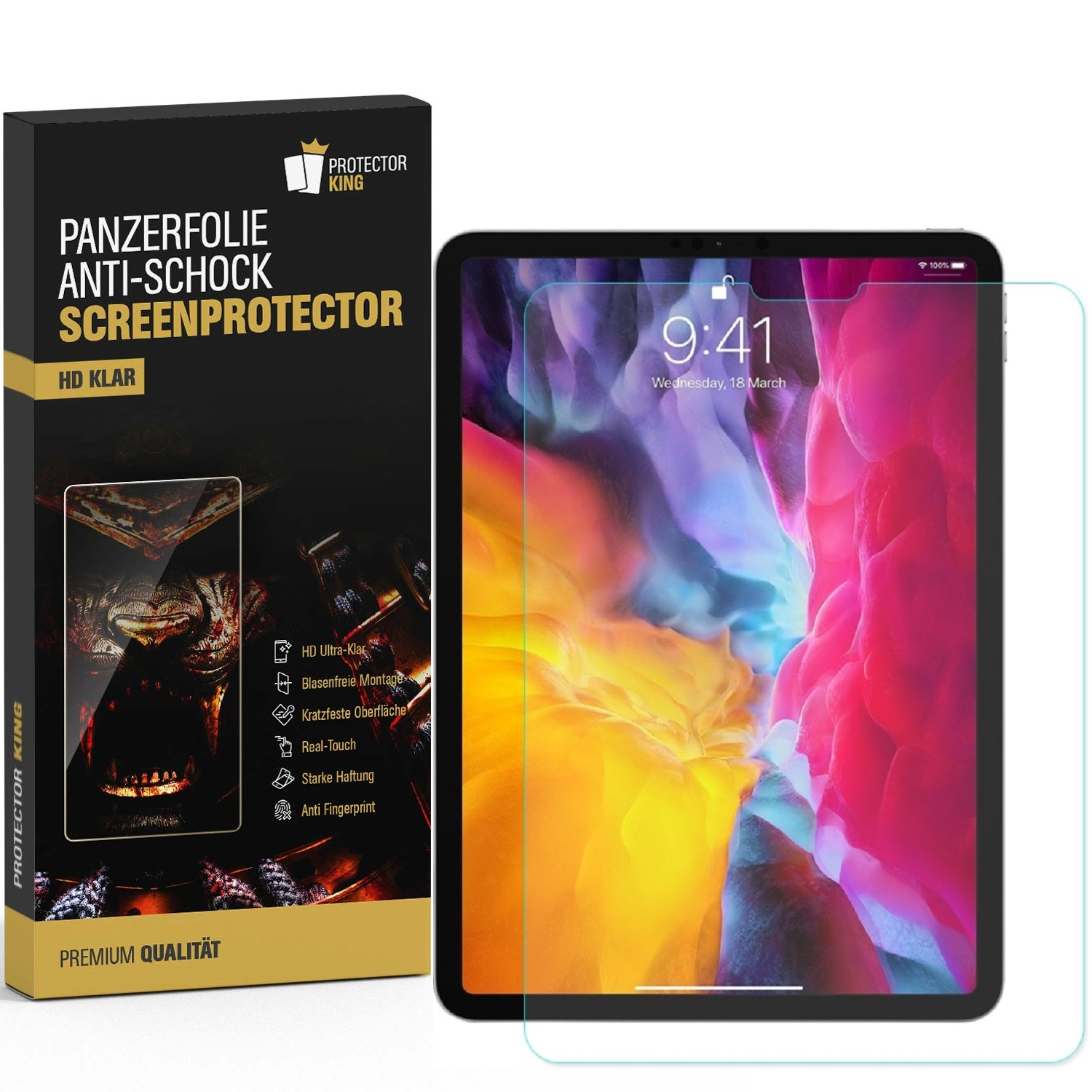 Ein iPad mit Displayschutzfolie neben einer Box. Die Box hat deutschen Text und Produktdetails. Der Bildschirm zeigt ein farbenfrohes Hintergrundbild.