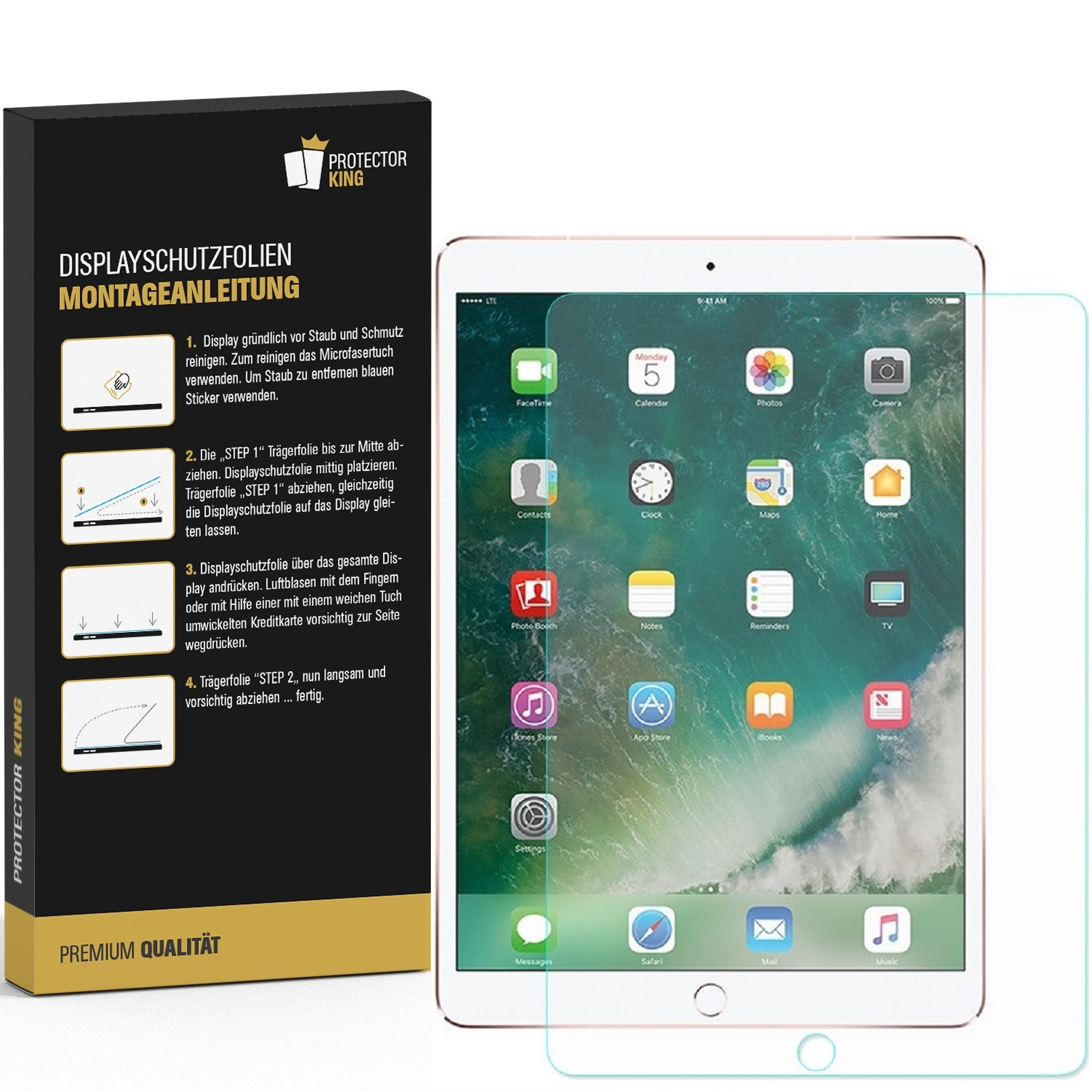 Ein iPad mit Displayschutzfolie und eine Produktbox mit Anweisungen und dem Protector King Logo.