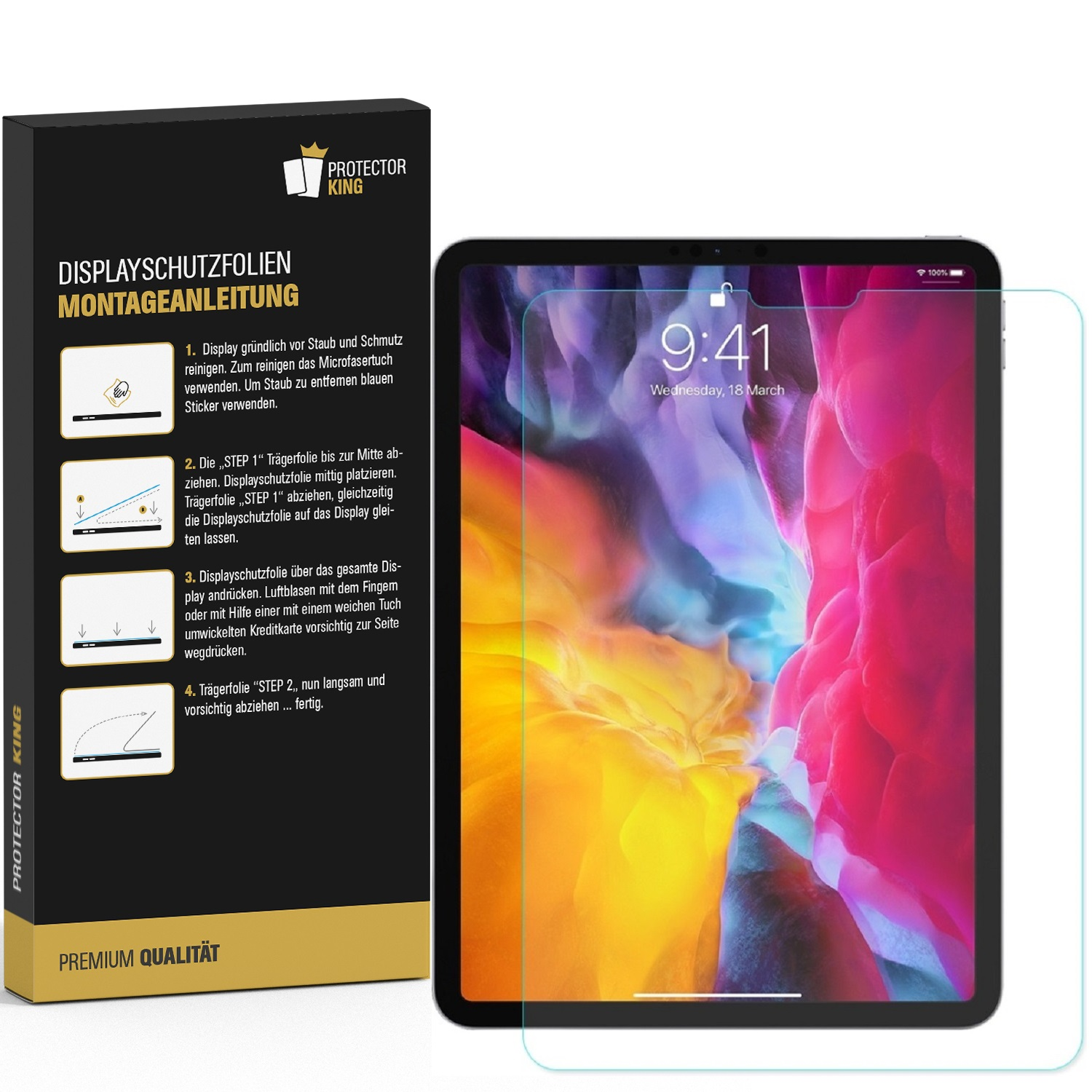 Ein iPad mit Displayschutzfolie wird gezeigt. Eine Box mit Anweisungen und dem Protector King Logo ist vorhanden.