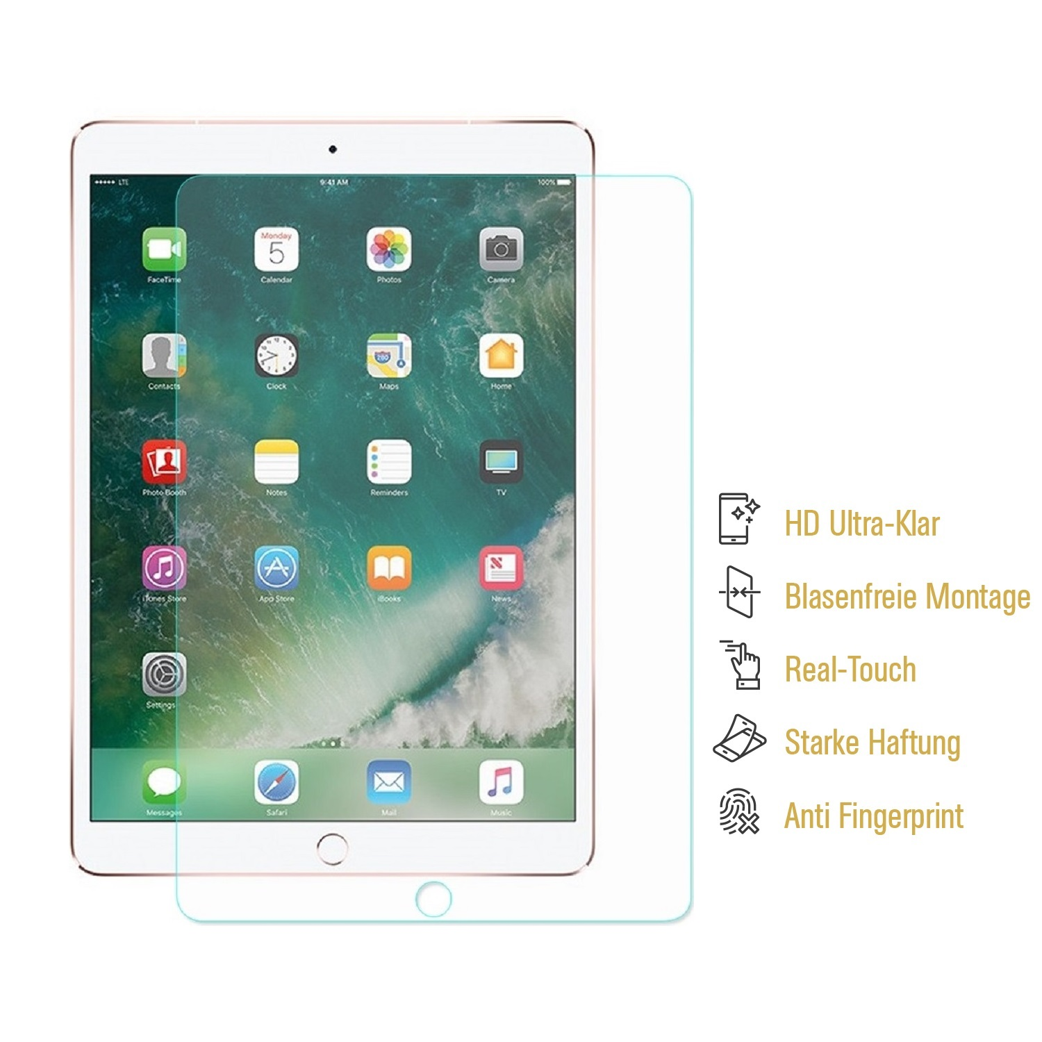 Ein iPad mit Displayschutzfolie wird angezeigt. Der Bildschirm zeigt App-Symbole. Text auf der rechten Seite bewirbt Funktionen wie HD-Klarheit und Anti-Fingerprint.
