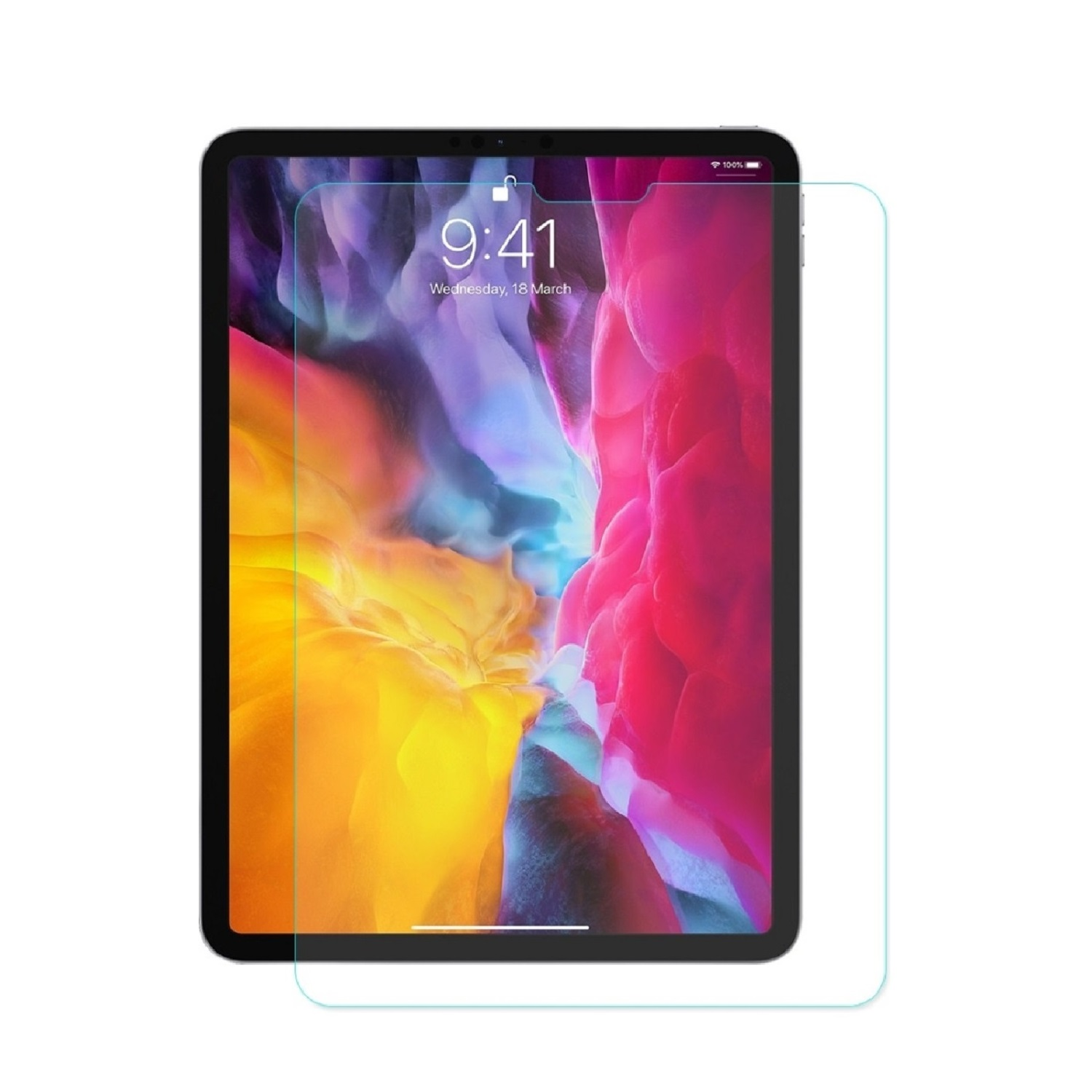 Ein iPad mit Displayschutzfolie. Der Bildschirm zeigt ein farbenfrohes Hintergrundbild und die Uhrzeit 9:41.