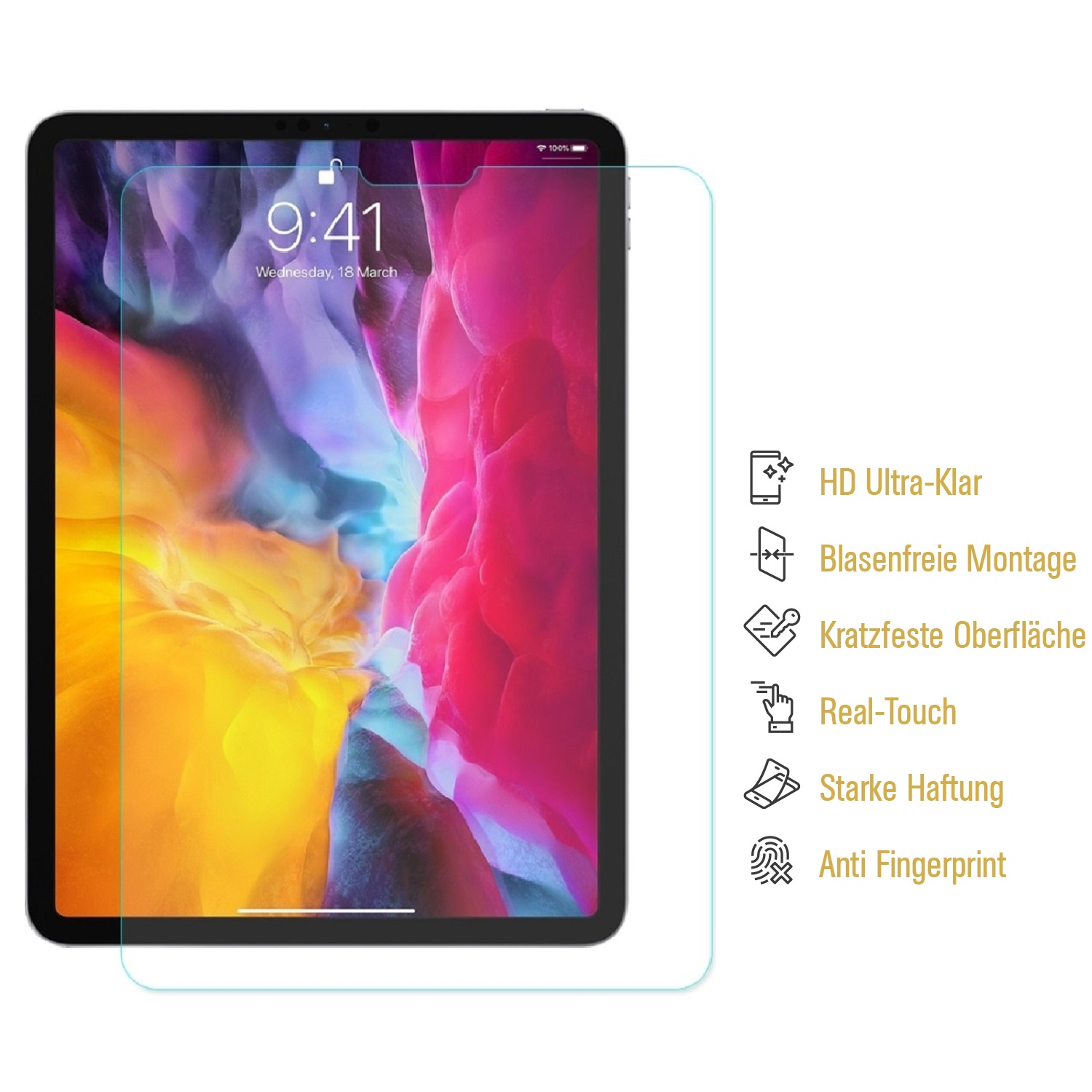 Ein Tablet mit Displayschutzfolie wird angezeigt. Der Bildschirm zeigt einen bunten Hintergrund, die Uhrzeit und das Datum. Funktionen sind auf der Seite aufgeführt.