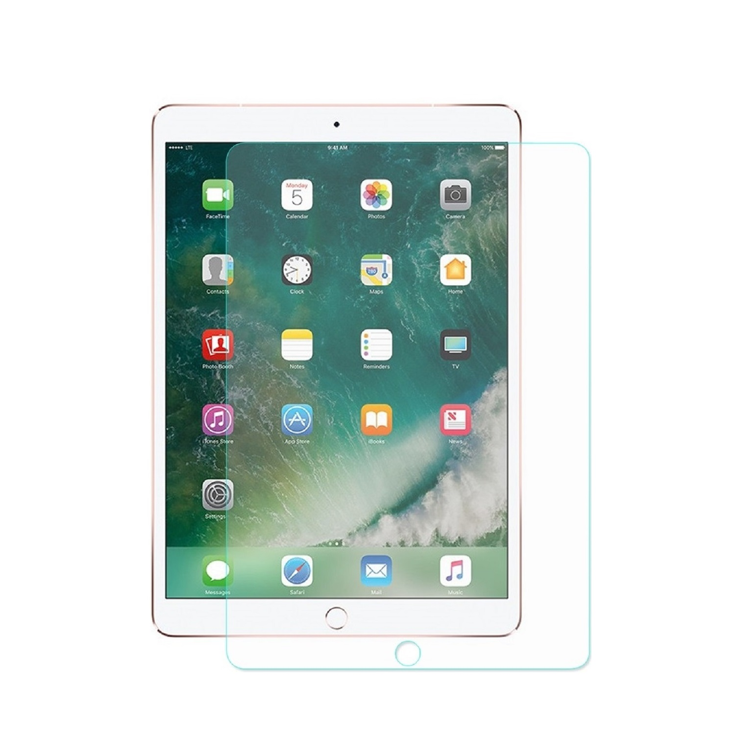 Ein iPad mit angebrachtem Displayschutz. Der Bildschirm zeigt App-Symbole, die Uhrzeit und die Akkulaufzeit.