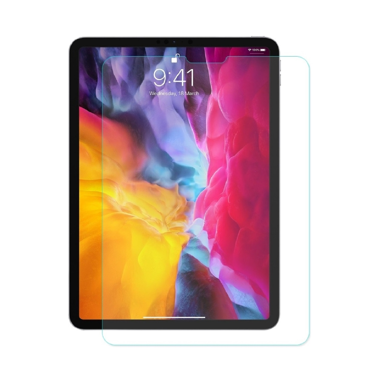 Ein iPad mit Displayschutzfolie. Der Bildschirm zeigt 9:41 und das Datum an. Der Hintergrund zeigt ein farbenfrohes abstraktes Design mit Rosa und Gelb.