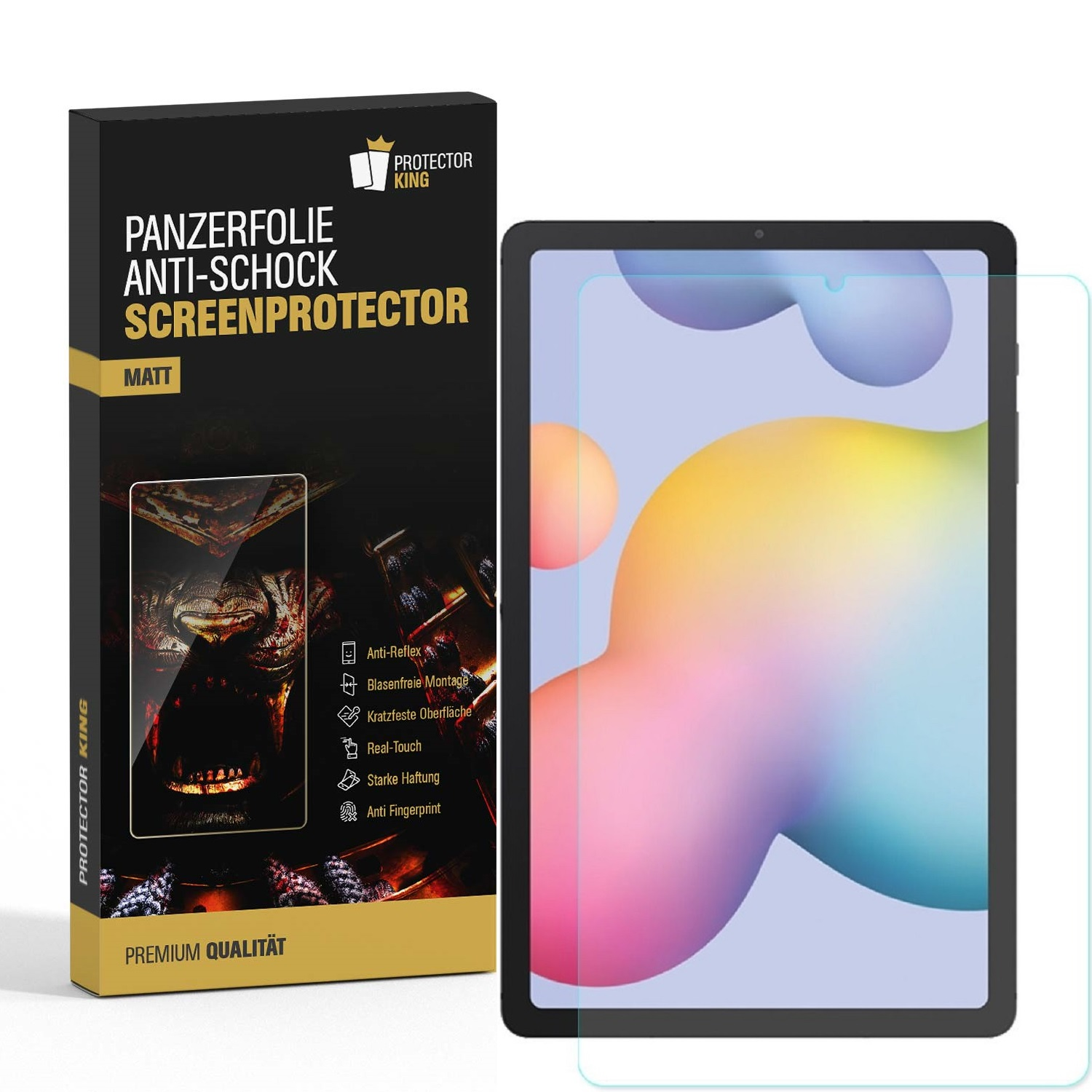Eine Panzerfolien-Box und ein Tablet sind abgebildet. Die Box enthält Text über Displayschutz. Der Tablet-Bildschirm zeigt bunte Formen.