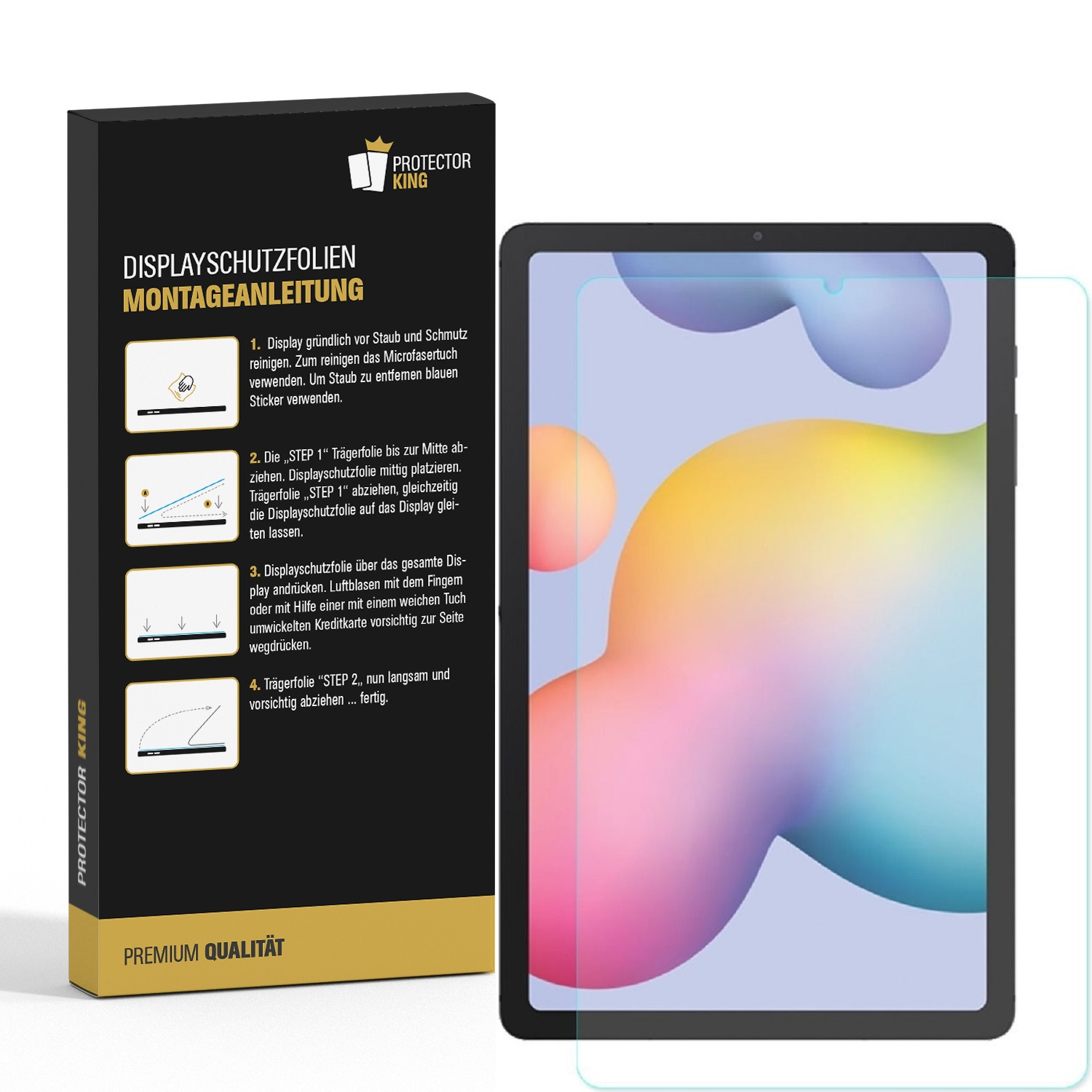 Ein Tablet mit Displayschutzfolie, neben einer schwarzen Box mit Anweisungen und dem Protector King Logo.