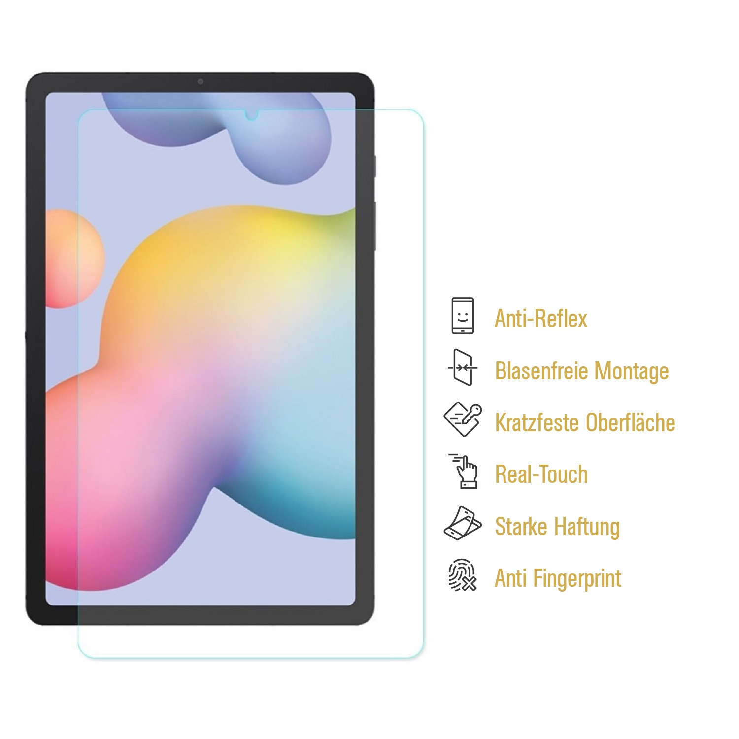 Ein Tablet mit Displayschutzfolie. Zu den Merkmalen gehören Anti-Reflex, blasenfreie Montage, kratzfeste Oberfläche, Real-Touch, starke Haftung und Anti-Fingerprint.