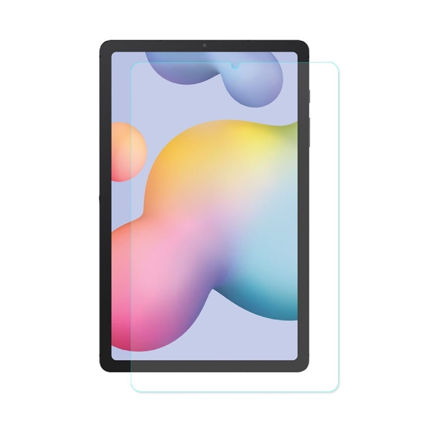 Ein Tablet mit aufgebrachter Displayschutzfolie. Der Bildschirm zeigt ein farbenfrohes, abstraktes Design. Das Tablet ist schwarz, mit weißem Hintergrund.