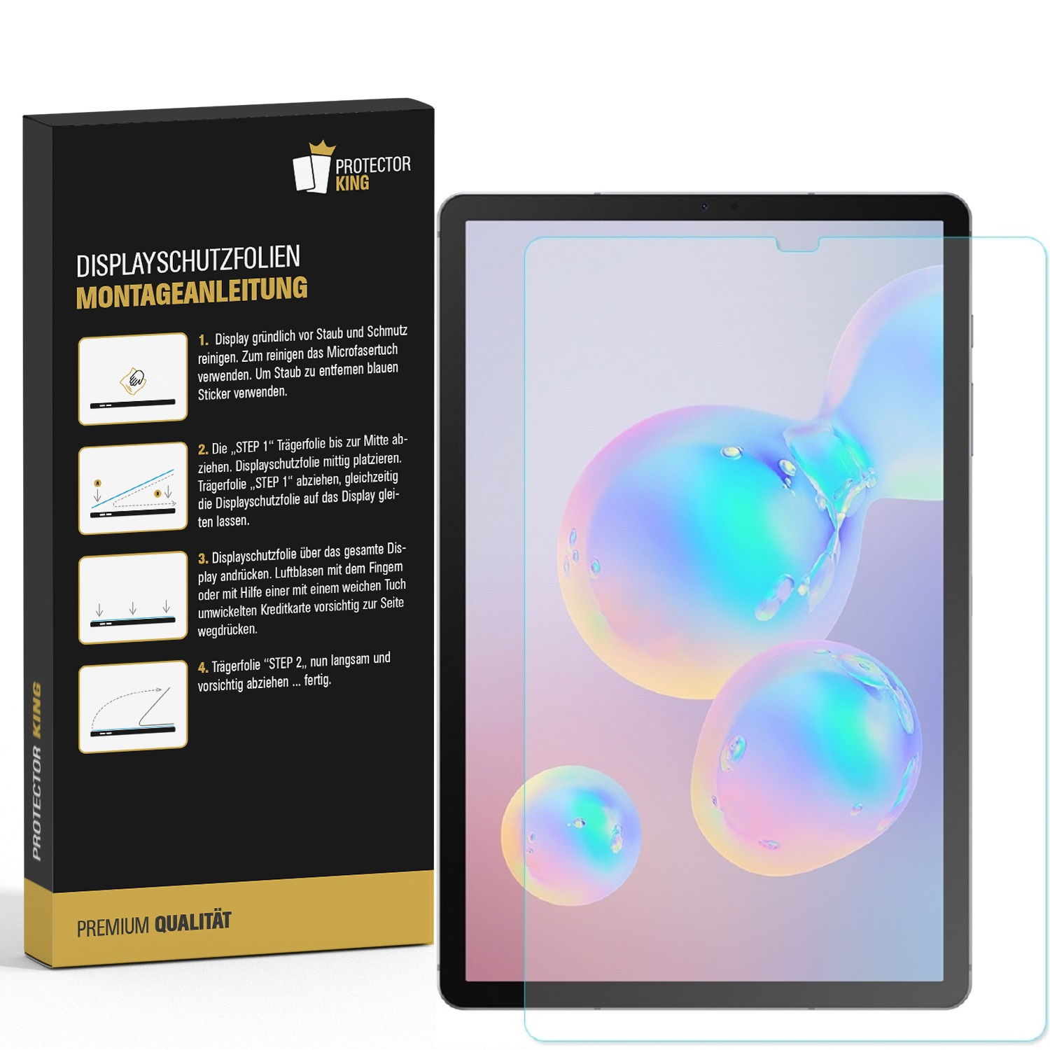 Ein Tablet mit Displayschutzfolie, eine Box mit Anweisungen und ein Protector King-Logo liegen auf einer weißen Oberfläche.