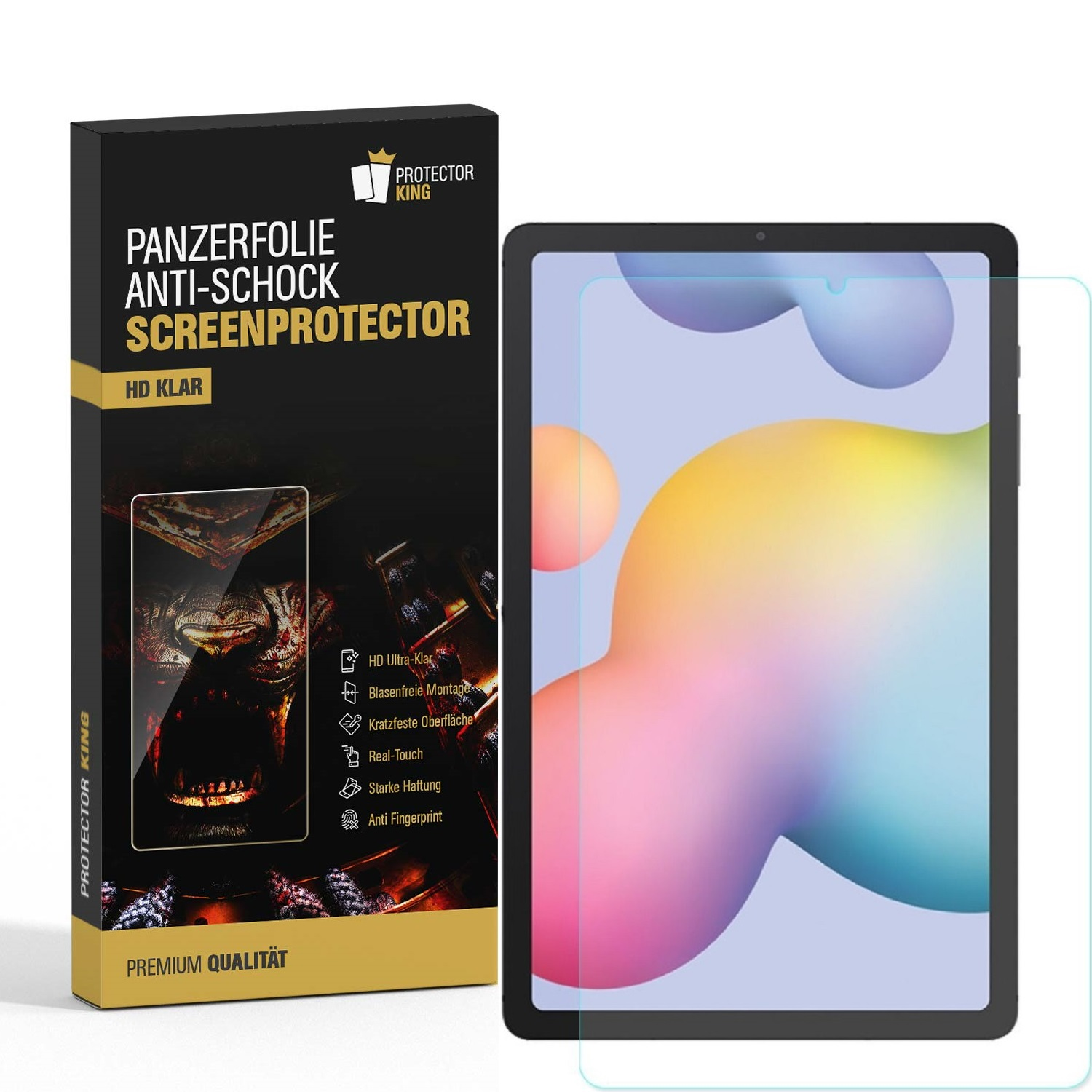 Ein Tablet und ein Displayschutz werden angezeigt. Die Schachtel zeigt die Funktionen des Protektors. Der Tablet-Bildschirm zeigt farbenfrohe Verläufe.