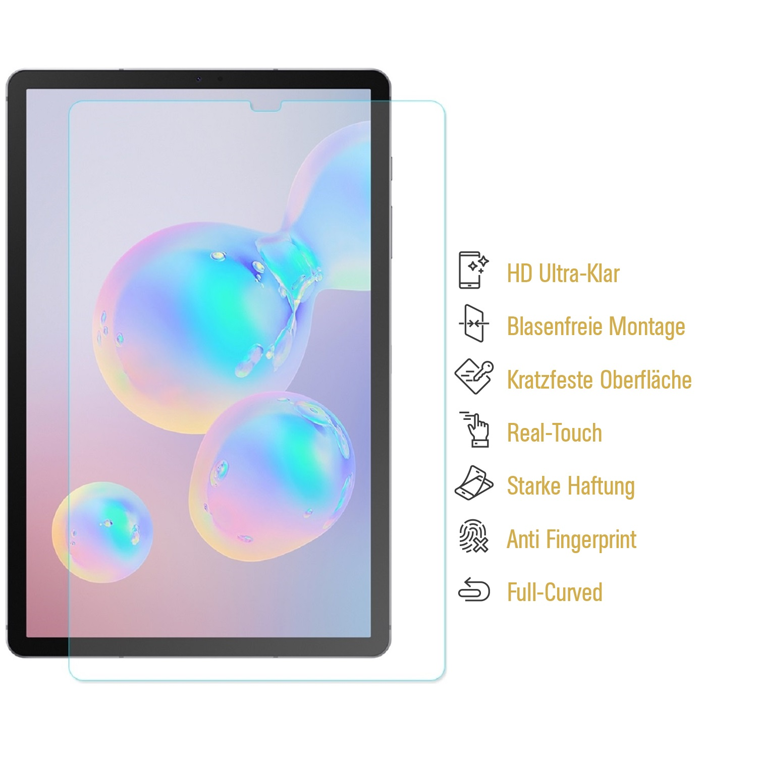 Ein Tablet mit Displayschutz. Auf dem Bildschirm sind schillernde Blasen. Rechts beschreiben Symbole und deutscher Text Funktionen.