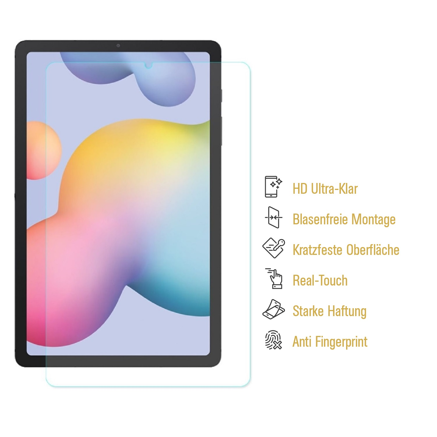 Ein Tablet mit Displayschutz. Der Bildschirm zeigt ein buntes abstraktes Design. Text hebt Funktionen wie HD-Klarheit und Anti-Fingerprint hervor.