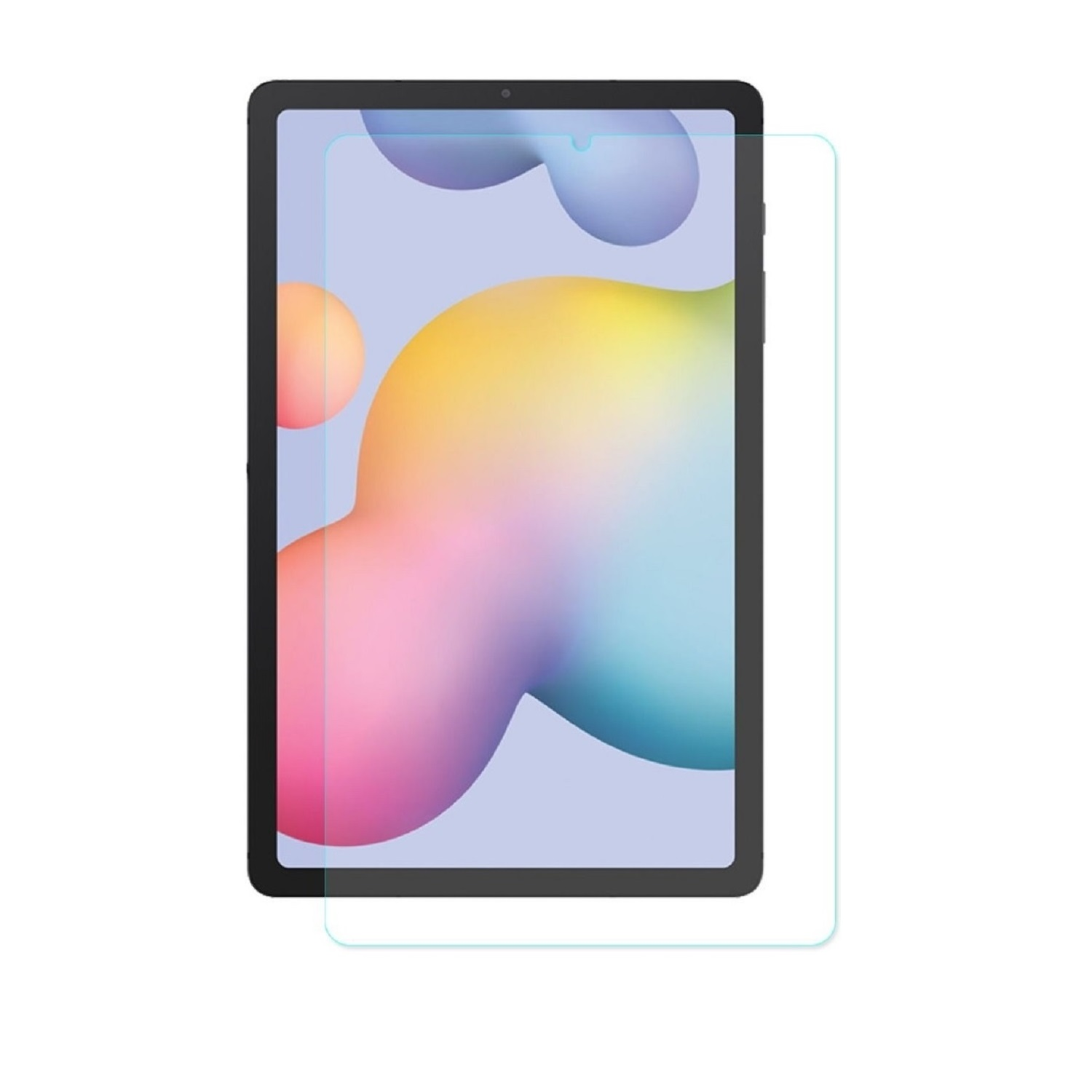 Ein Tablet mit Displayschutz. Der Bildschirm zeigt ein farbenfrohes abstraktes Design mit blauen, gelben und rosa Formen.